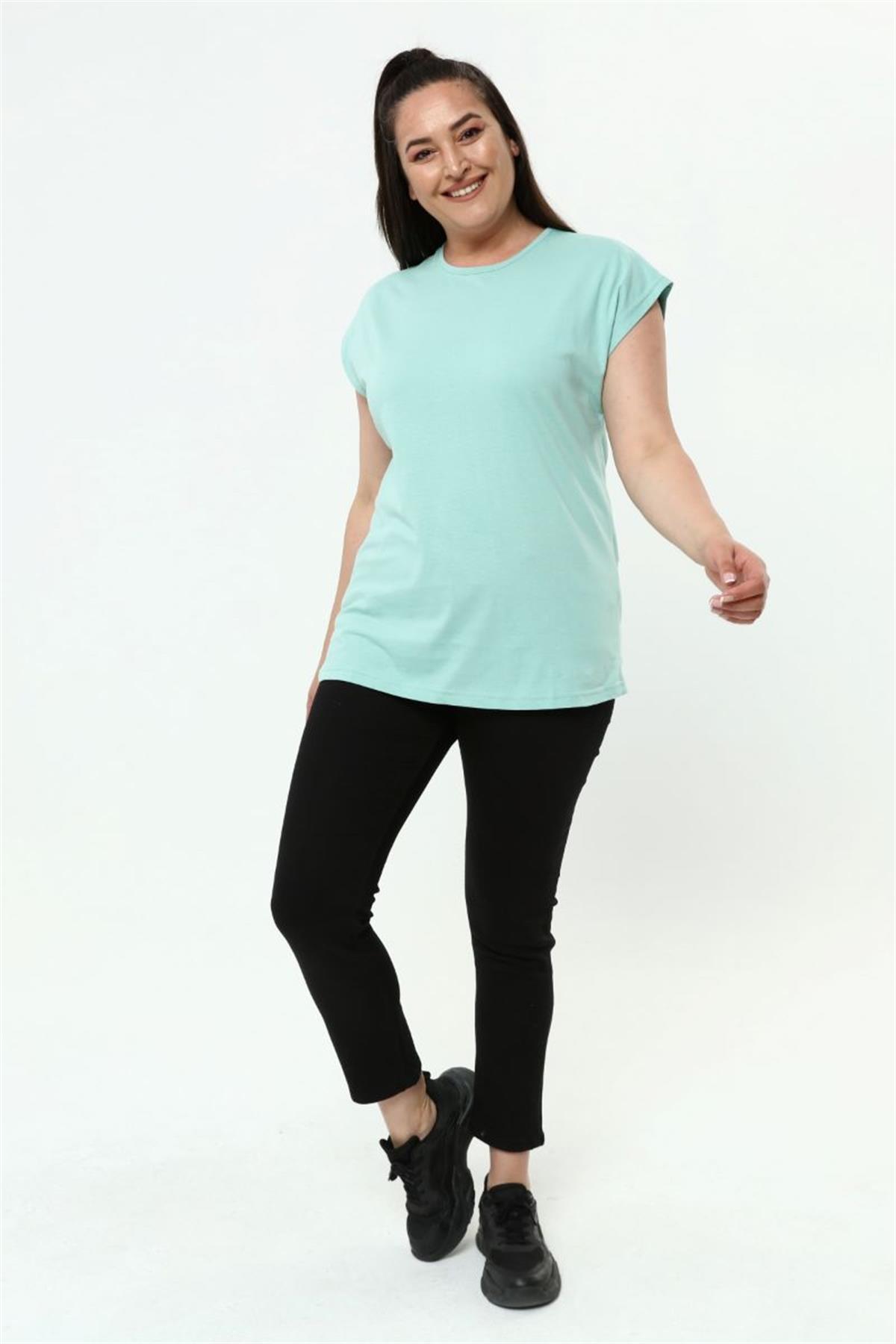 Tshirt Büyük Beden Basic Yarasa Kol T-Shirt Mint Yeşili