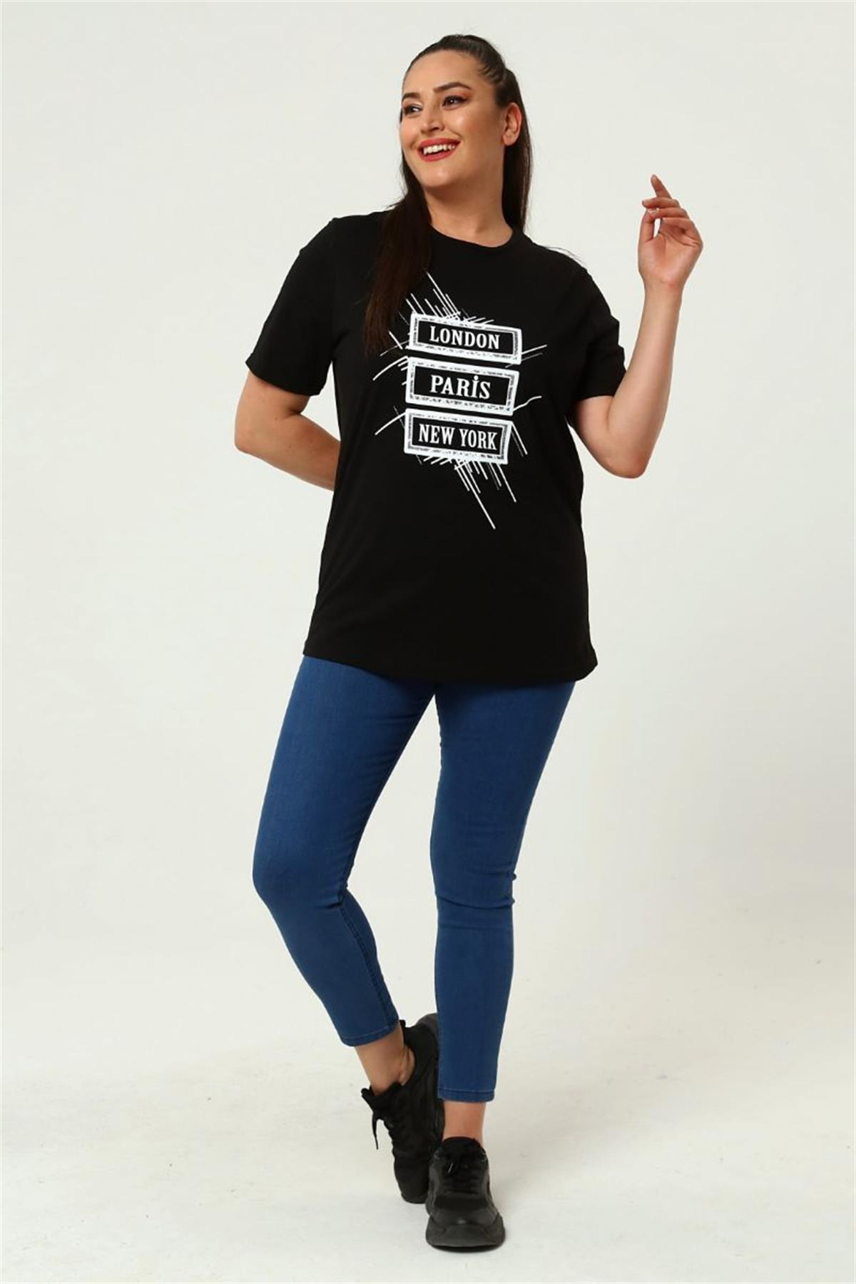 Tshirt Büyük Beden Baskılı Bisiklet Yaka T-Shirt Siyah