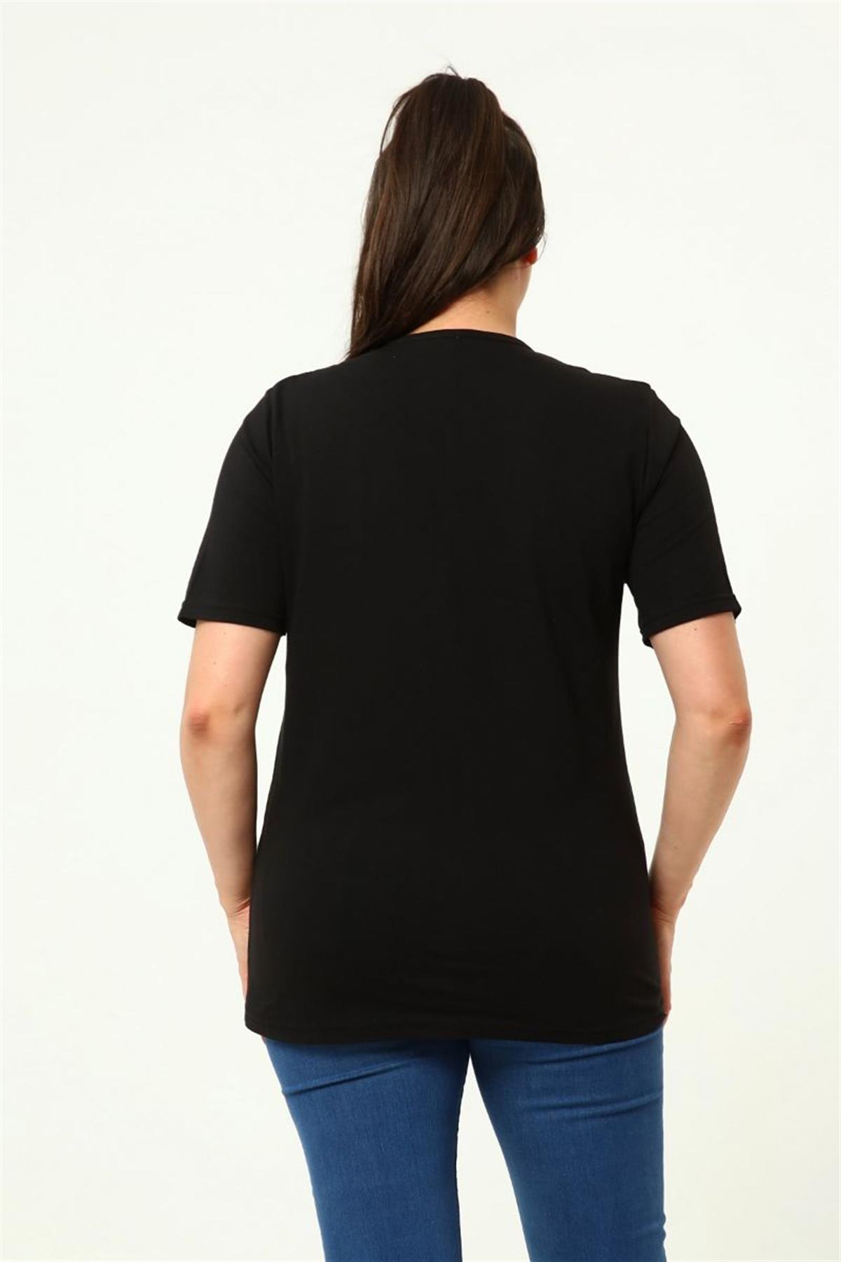 Tshirt Büyük Beden Baskılı Bisiklet Yaka T-Shirt Siyah