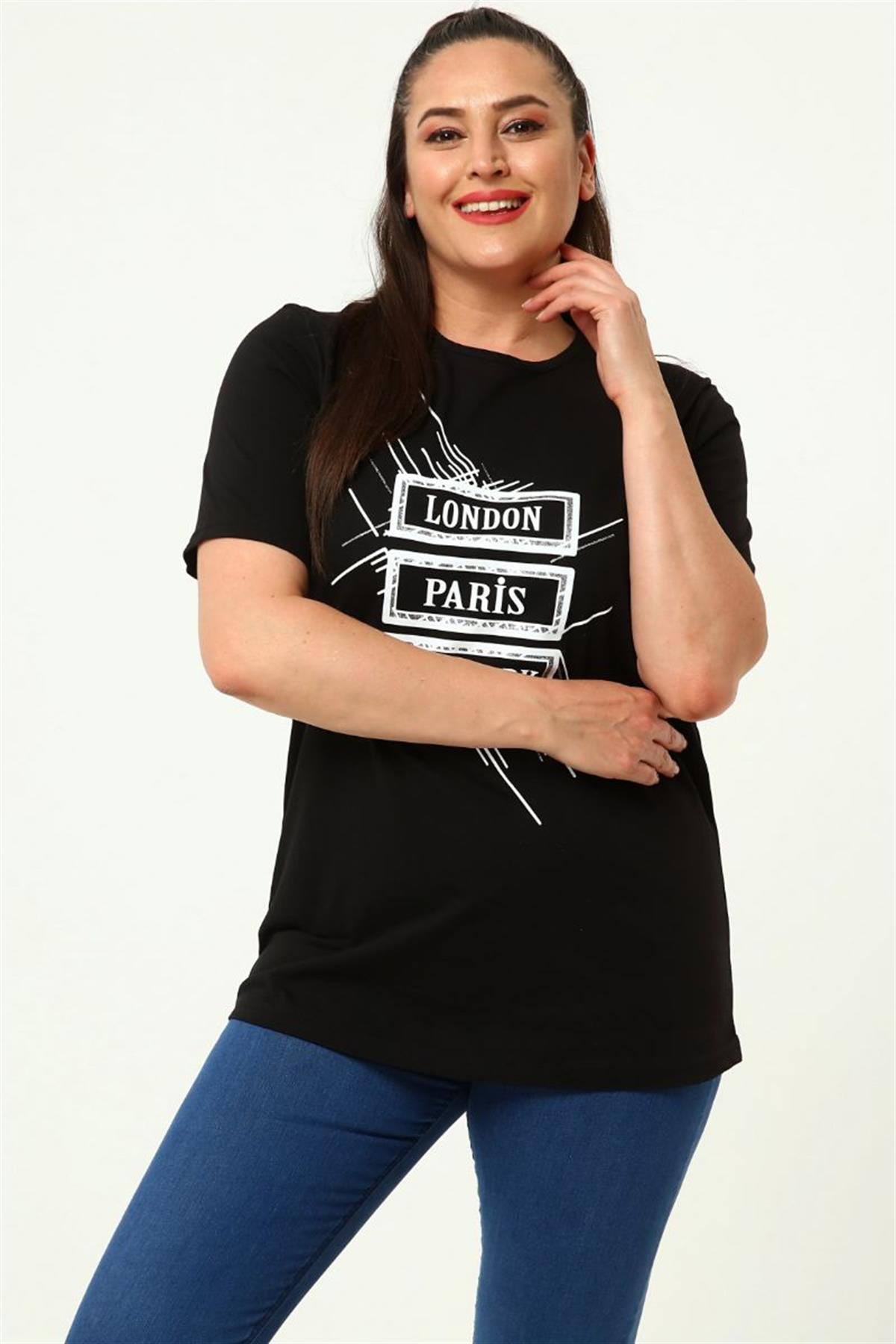 Tshirt Büyük Beden Baskılı Bisiklet Yaka T-Shirt Siyah