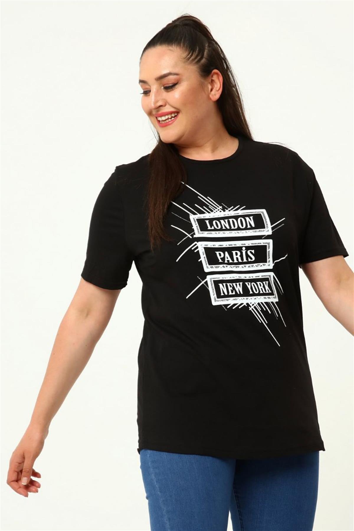 Tshirt Büyük Beden Baskılı Bisiklet Yaka T-Shirt Siyah
