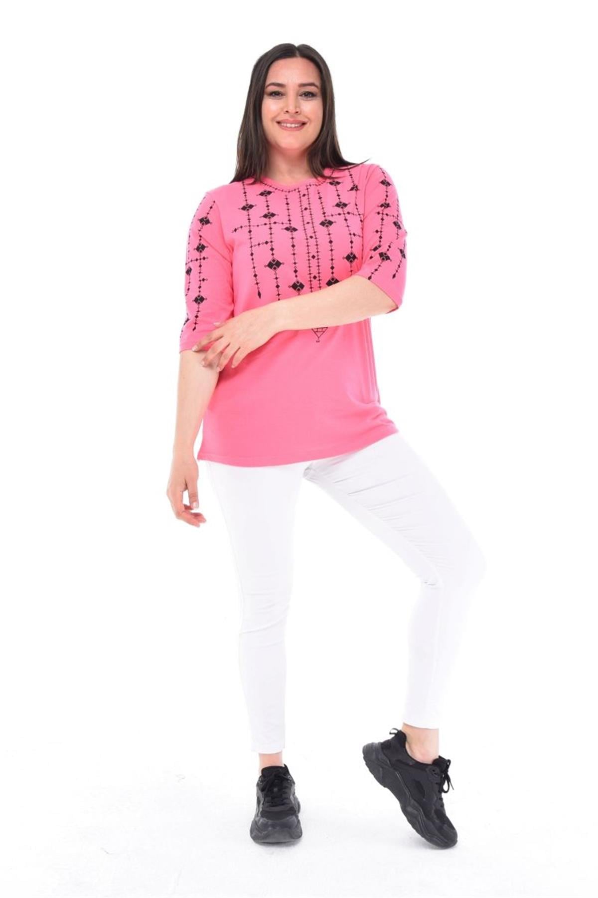 Bluz Büyük Beden Baskılı Fakir Kol Bluz Pembe