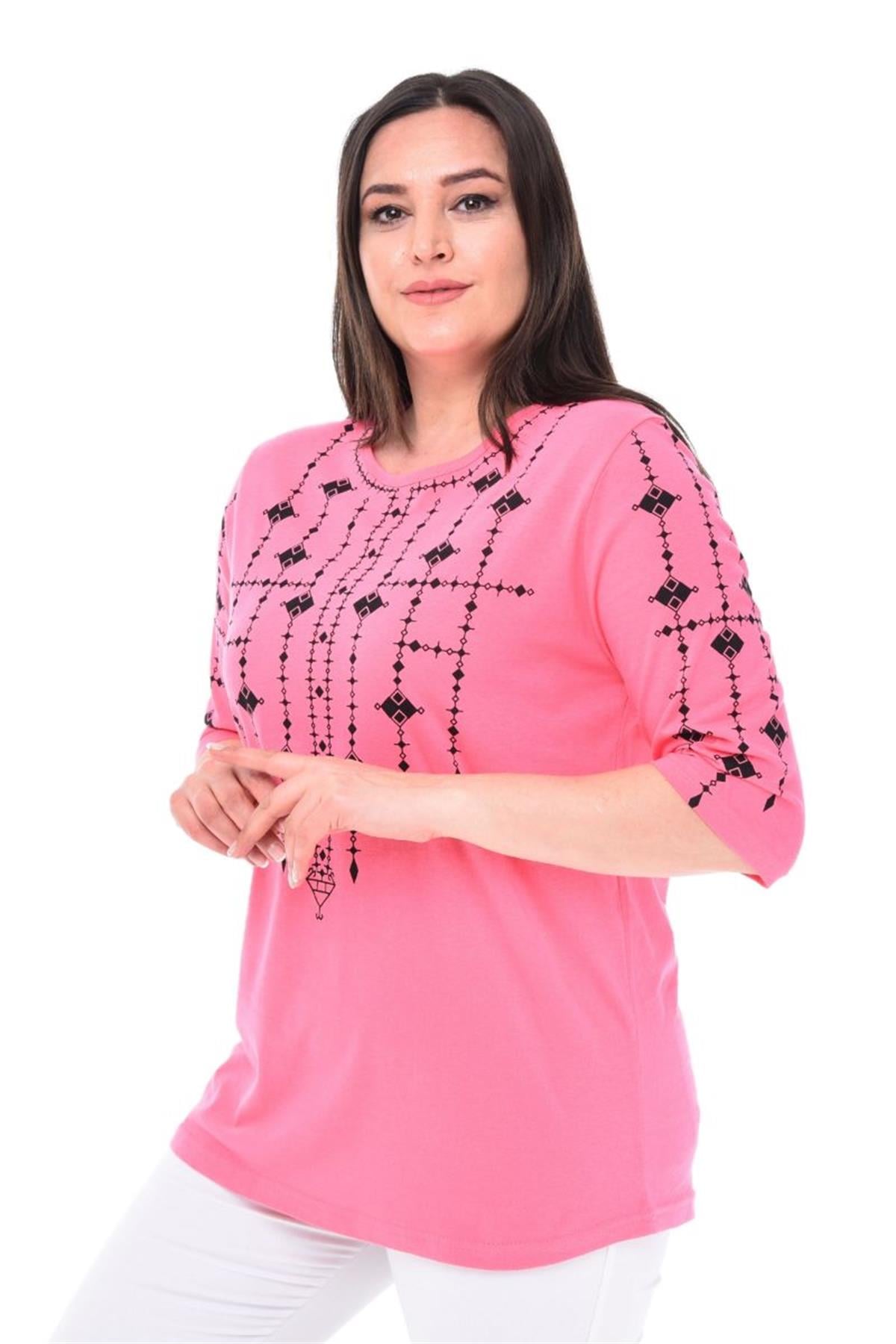 Bluz Büyük Beden Baskılı Fakir Kol Bluz Pembe