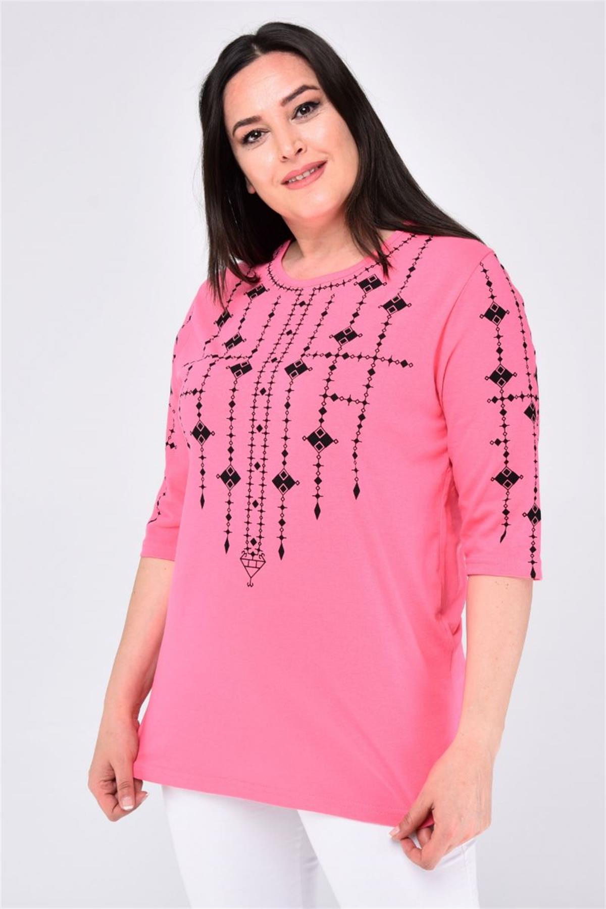 Bluz Büyük Beden Baskılı Fakir Kol Bluz Pembe