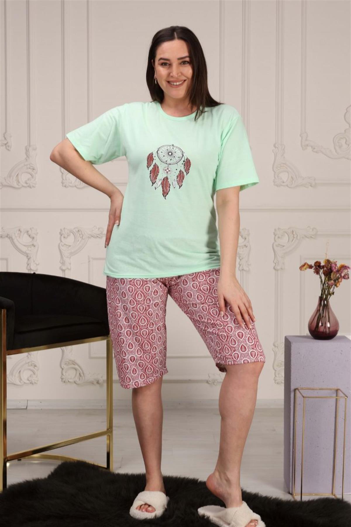 Pijama Takımı Büyük Beden Baskılı Kapri Şortlu Pijama Takımı Su Yeşili