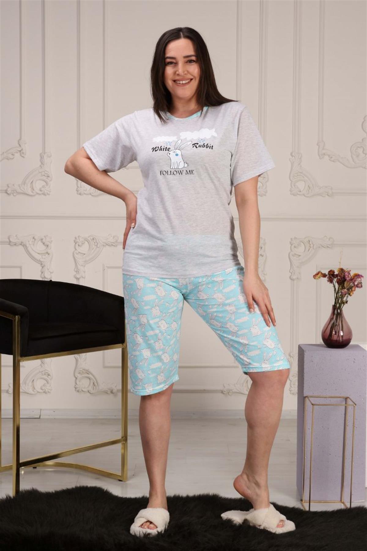 Pijama Takımı Büyük Beden Baskılı Kapri Şortlu Pijama Takımı Gri