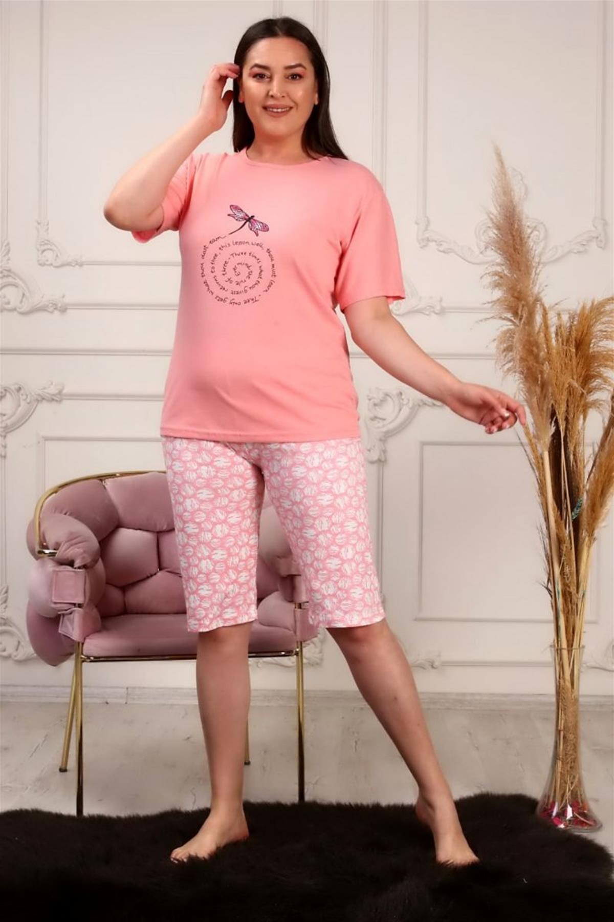 Pijama Takımı Büyük Beden Baskılı Kapri Şortlu Pijama Takımı Yavruağzı