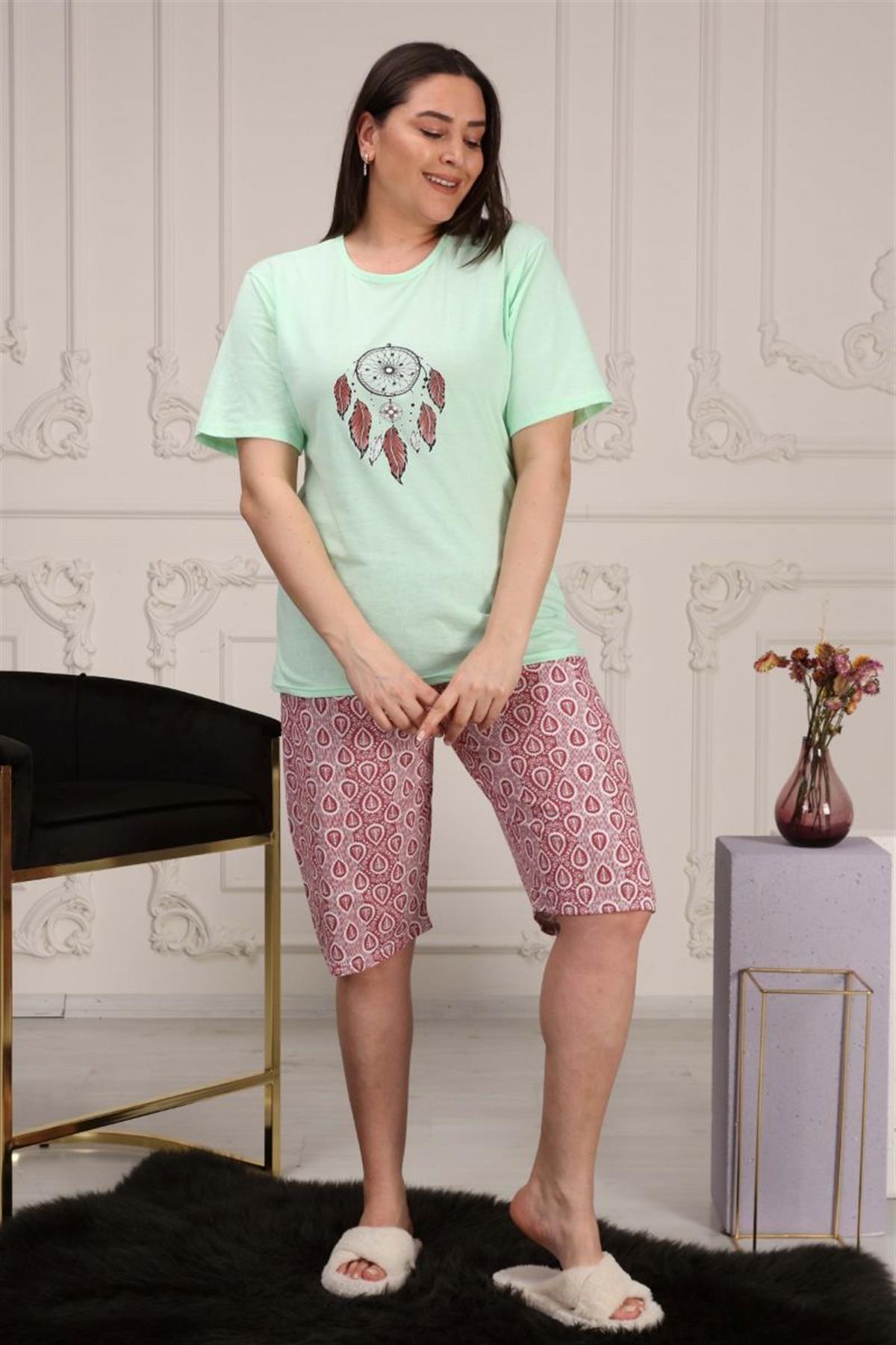 Pijama Takımı Büyük Beden Baskılı Kapri Şortlu Pijama Takımı Su Yeşili