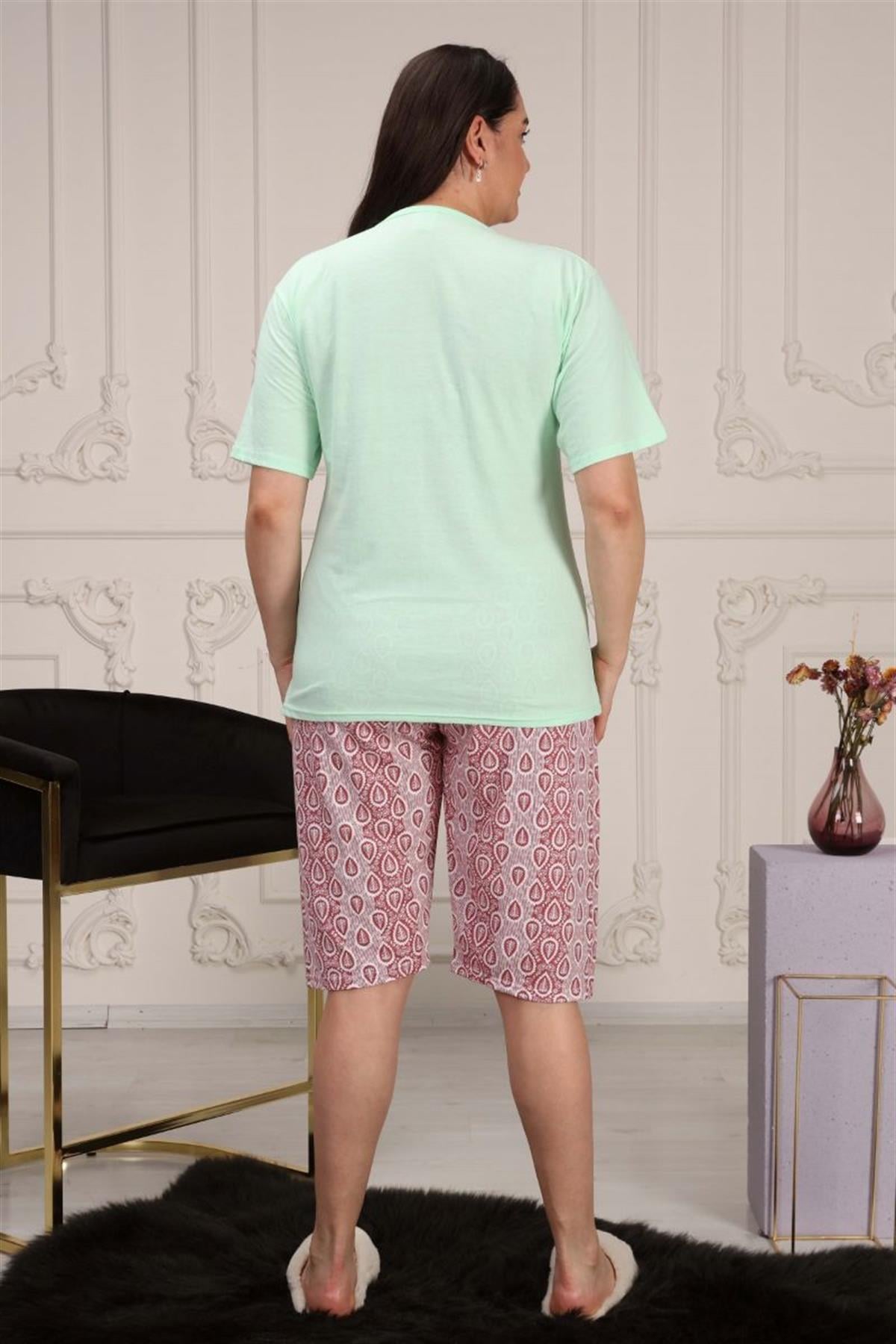 Pijama Takımı Büyük Beden Baskılı Kapri Şortlu Pijama Takımı Su Yeşili