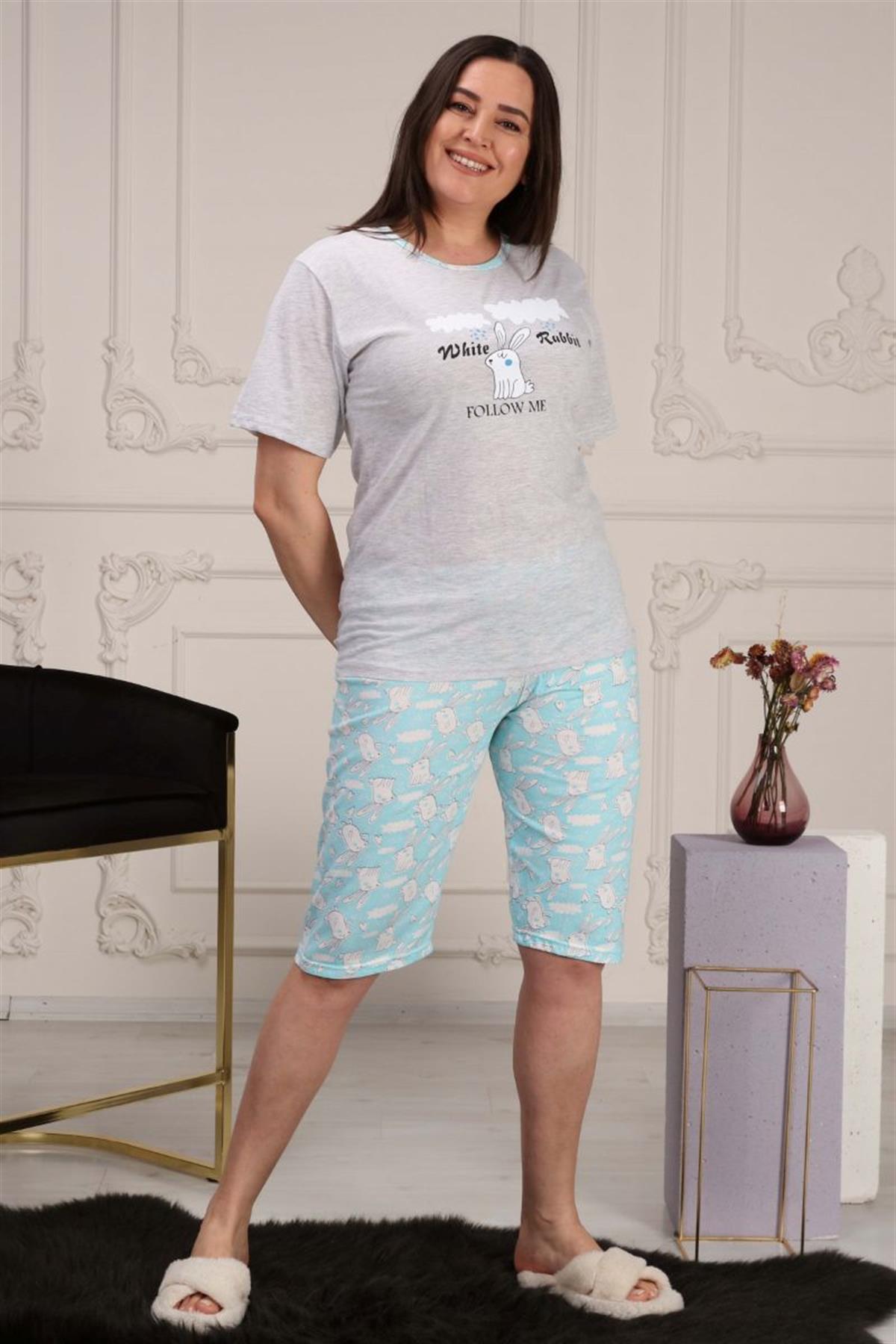 Pijama Takımı Büyük Beden Baskılı Kapri Şortlu Pijama Takımı Gri