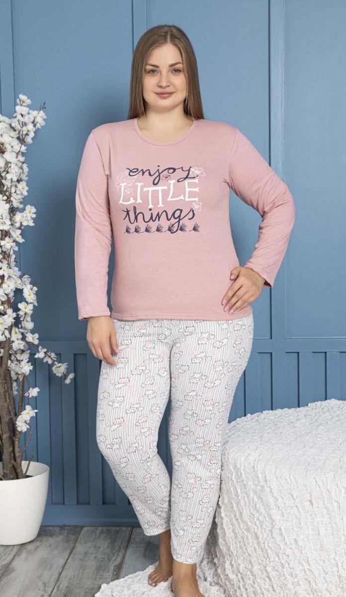 Pijama Takımı Büyük Beden Baskılı Şardonlu Pijama Takımı Gül Kurusu