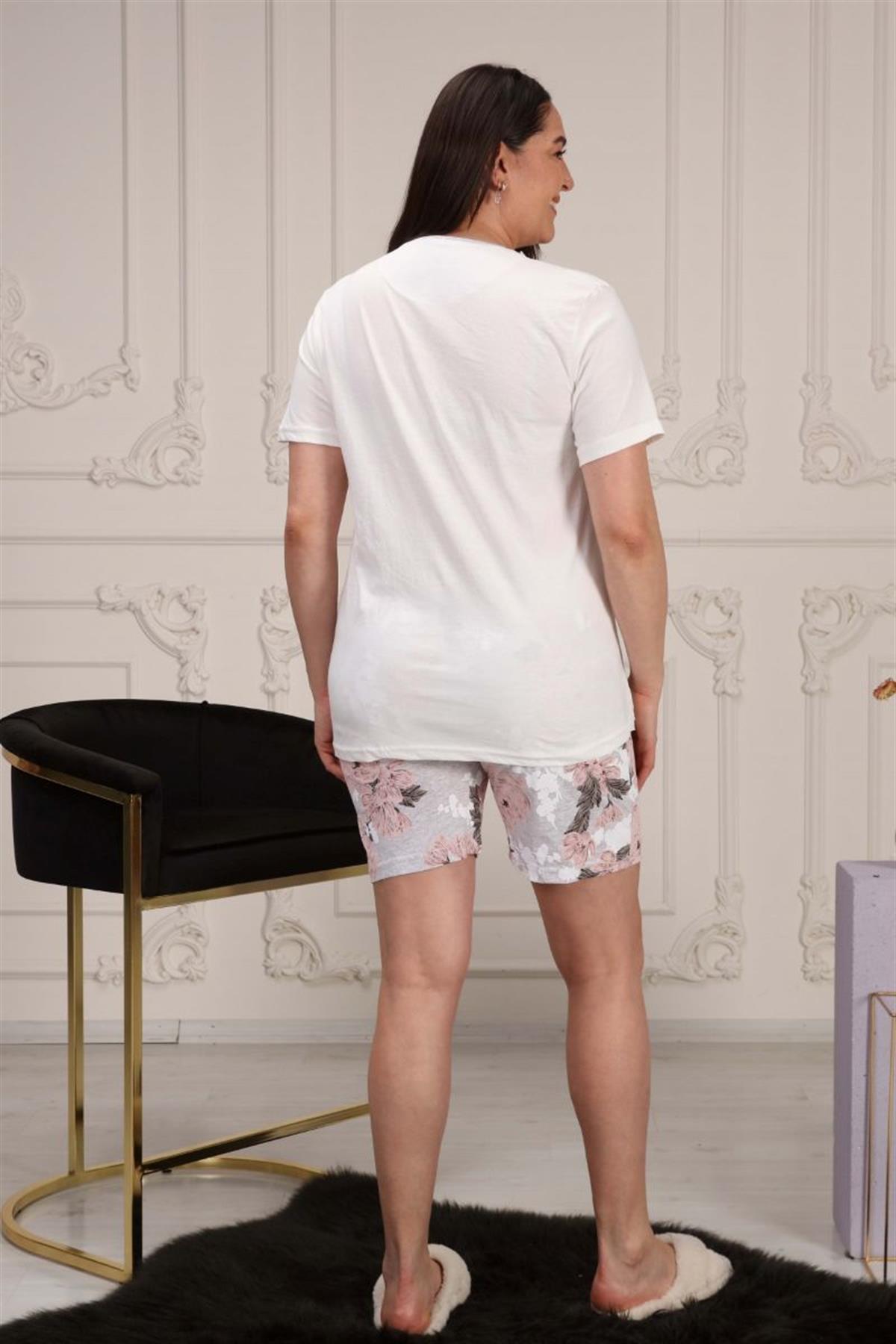 Pijama Takımı Büyük Beden Baskılı Şortlu Pijama Takımı Ekru