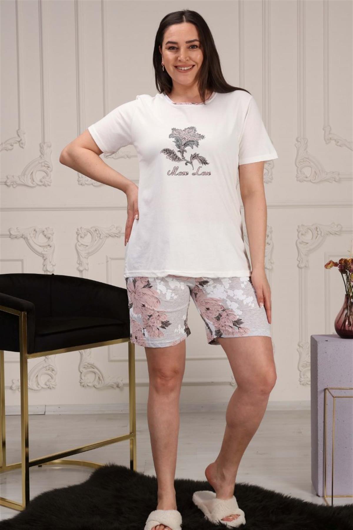 Pijama Takımı Büyük Beden Baskılı Şortlu Pijama Takımı Ekru