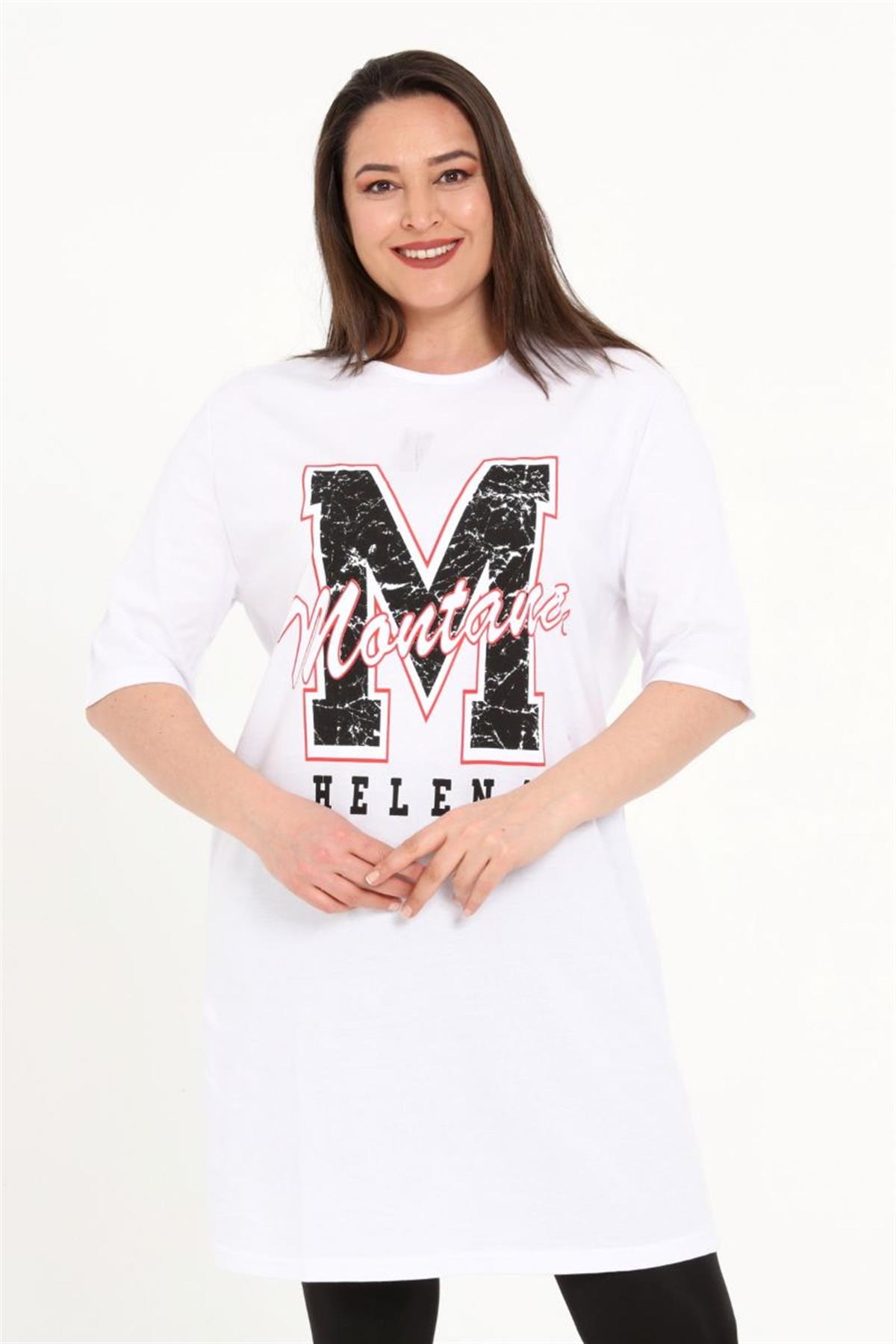 Tshirt Büyük Beden Baskılı Tunik T-Shirt Beyaz