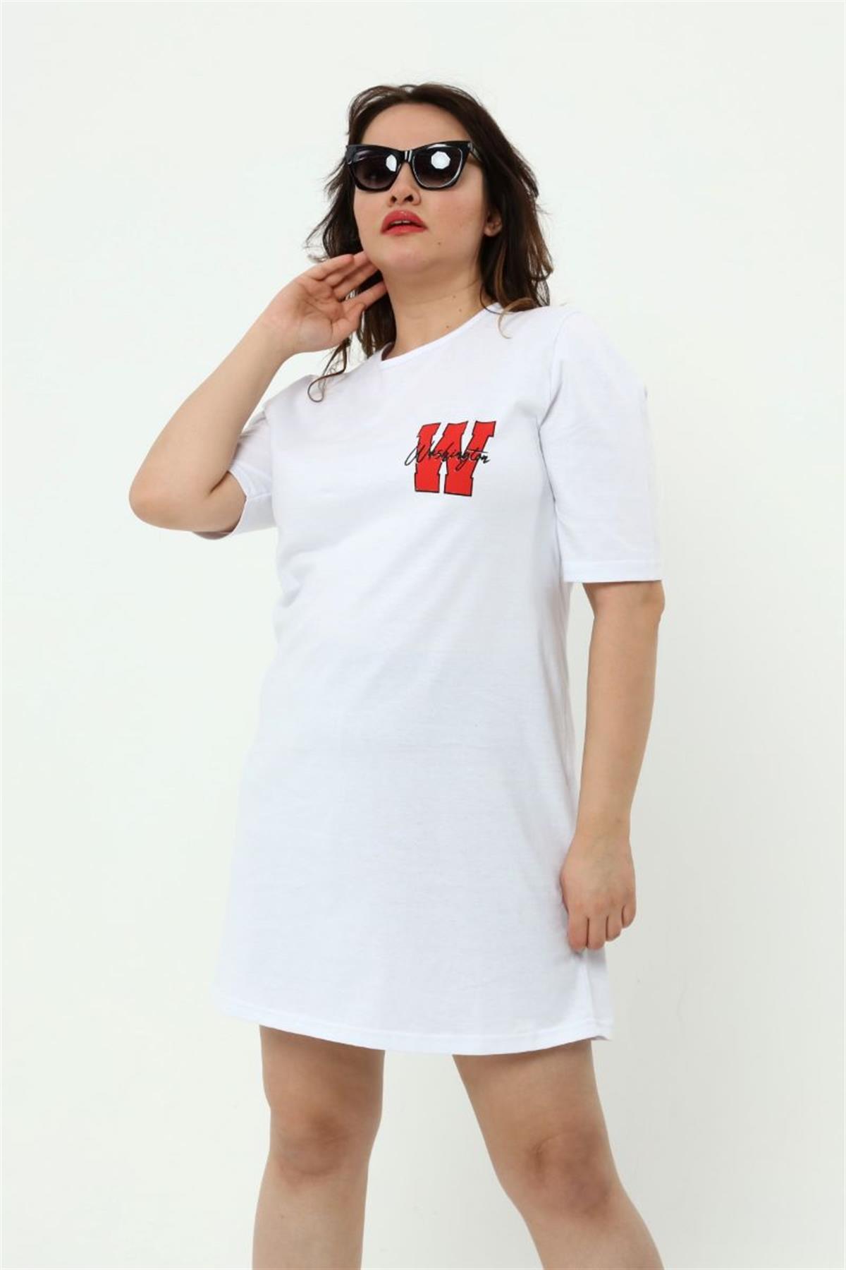 Tshirt Büyük Beden Baskılı Tunik T-Shirt Beyaz