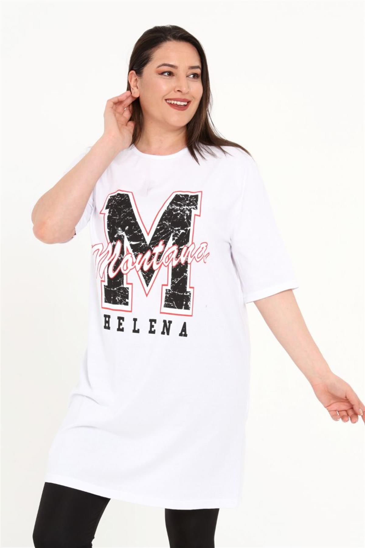 Tshirt Büyük Beden Baskılı Tunik T-Shirt Beyaz