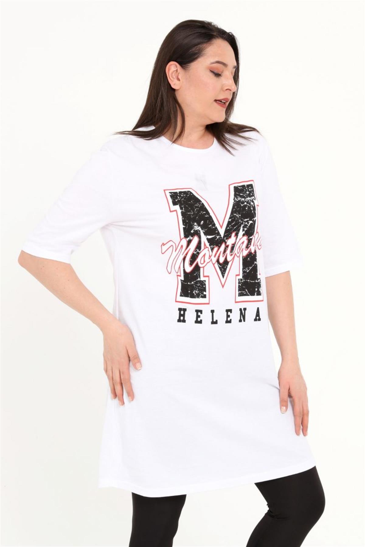Tshirt Büyük Beden Baskılı Tunik T-Shirt Beyaz