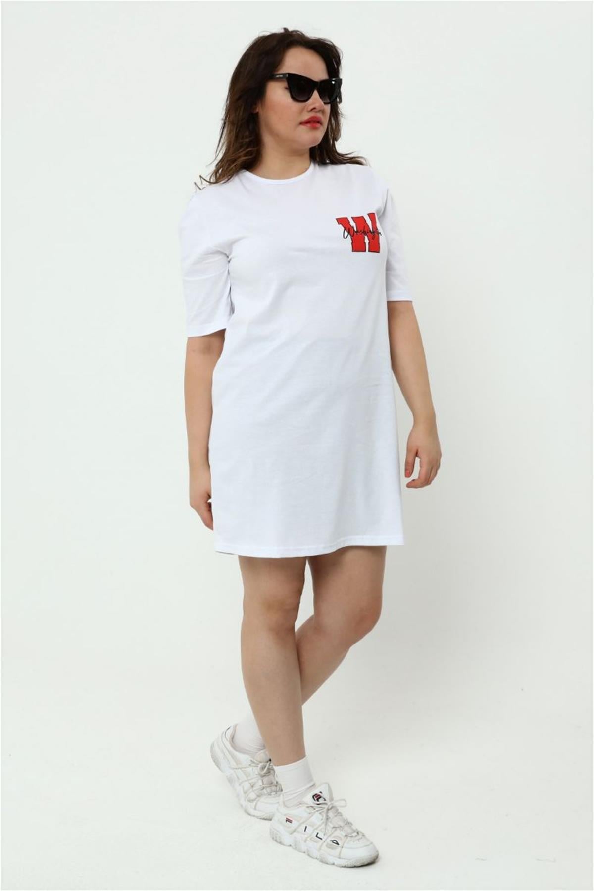 Tshirt Büyük Beden Baskılı Tunik T-Shirt Beyaz