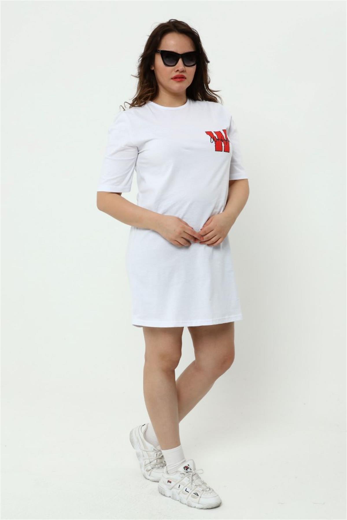 Tshirt Büyük Beden Baskılı Tunik T-Shirt Beyaz