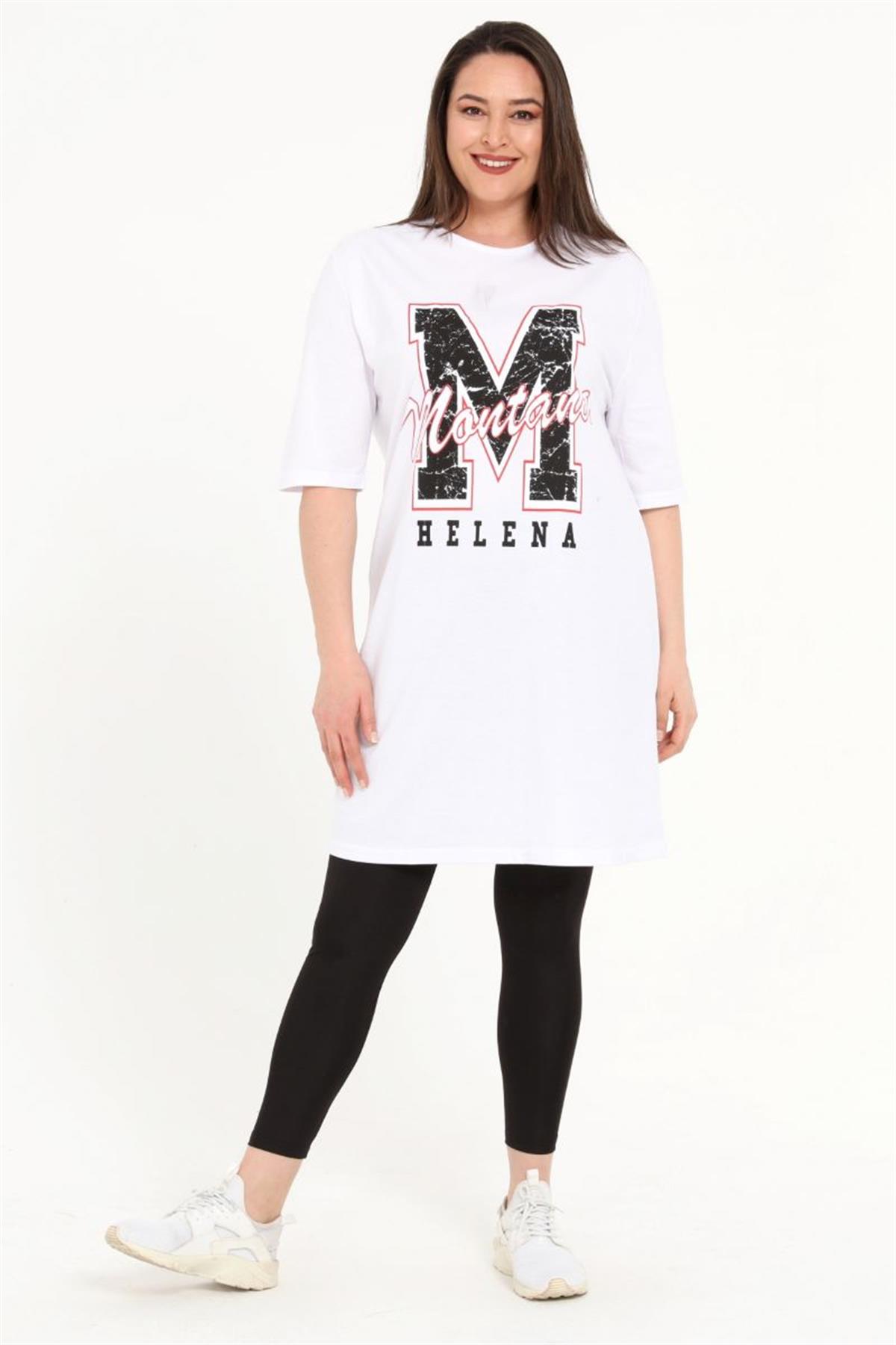 Tshirt Büyük Beden Baskılı Tunik T-Shirt Beyaz