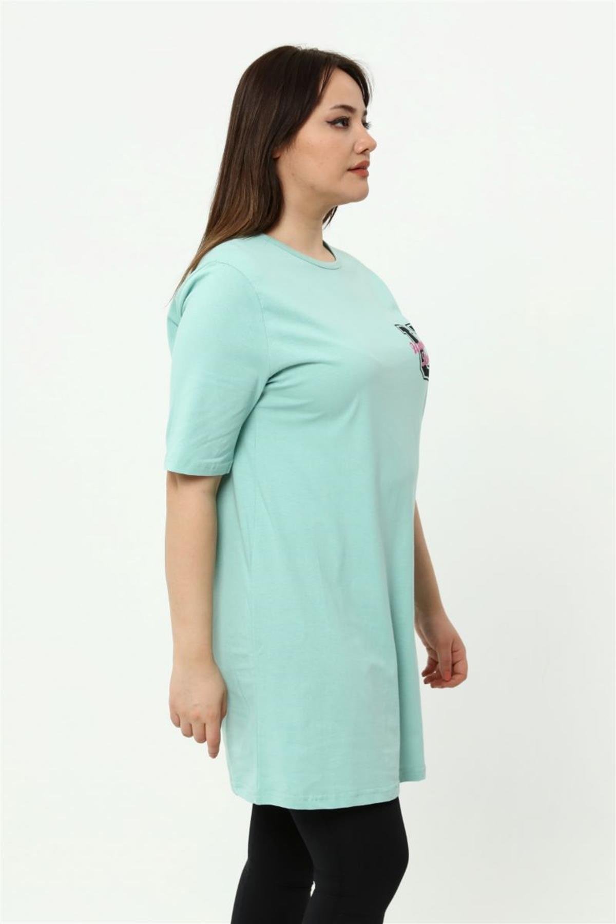 Tshirt Büyük Beden Baskılı Tunik T-Shirt Mint Yeşili