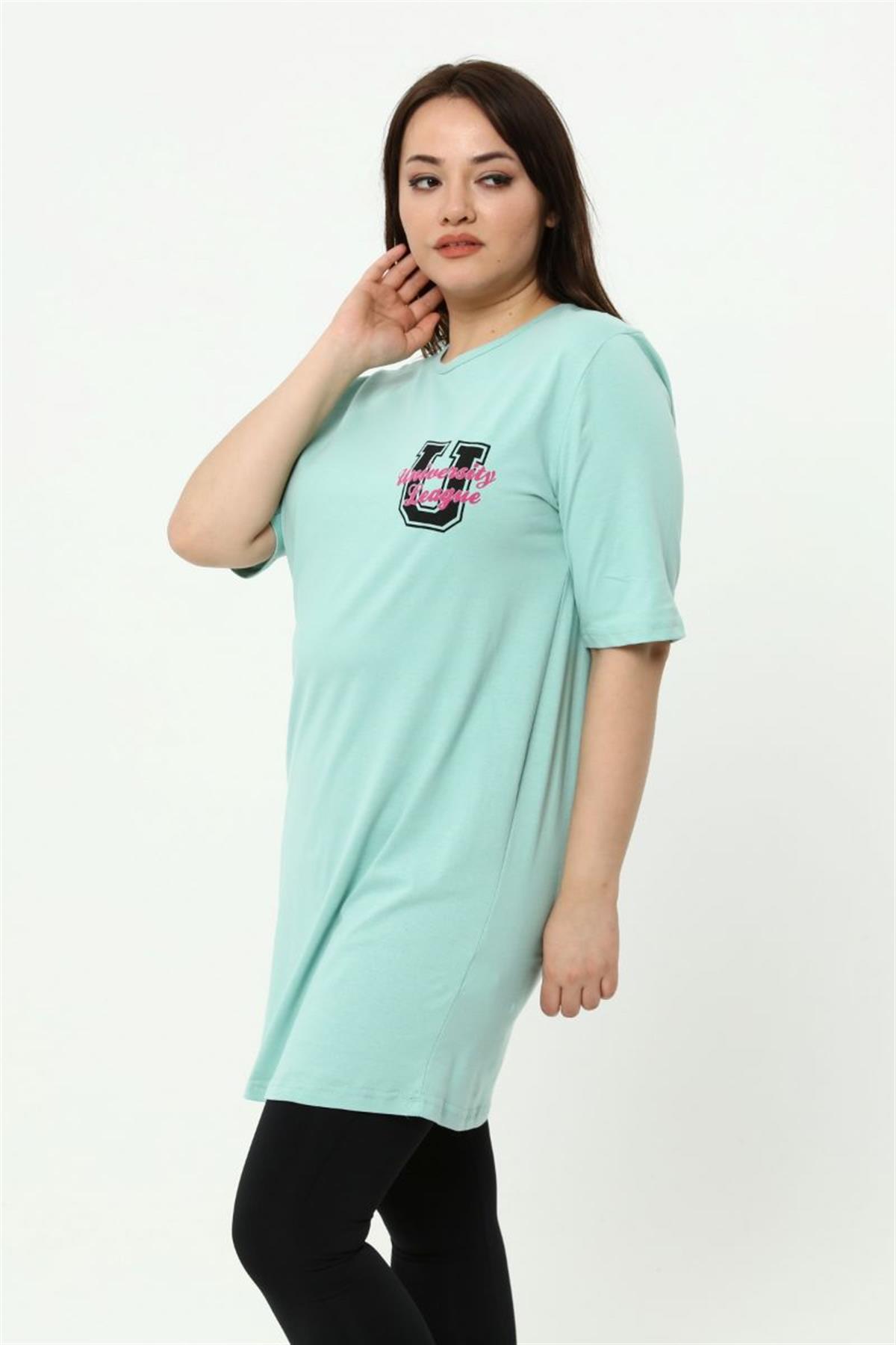 Tshirt Büyük Beden Baskılı Tunik T-Shirt Mint Yeşili