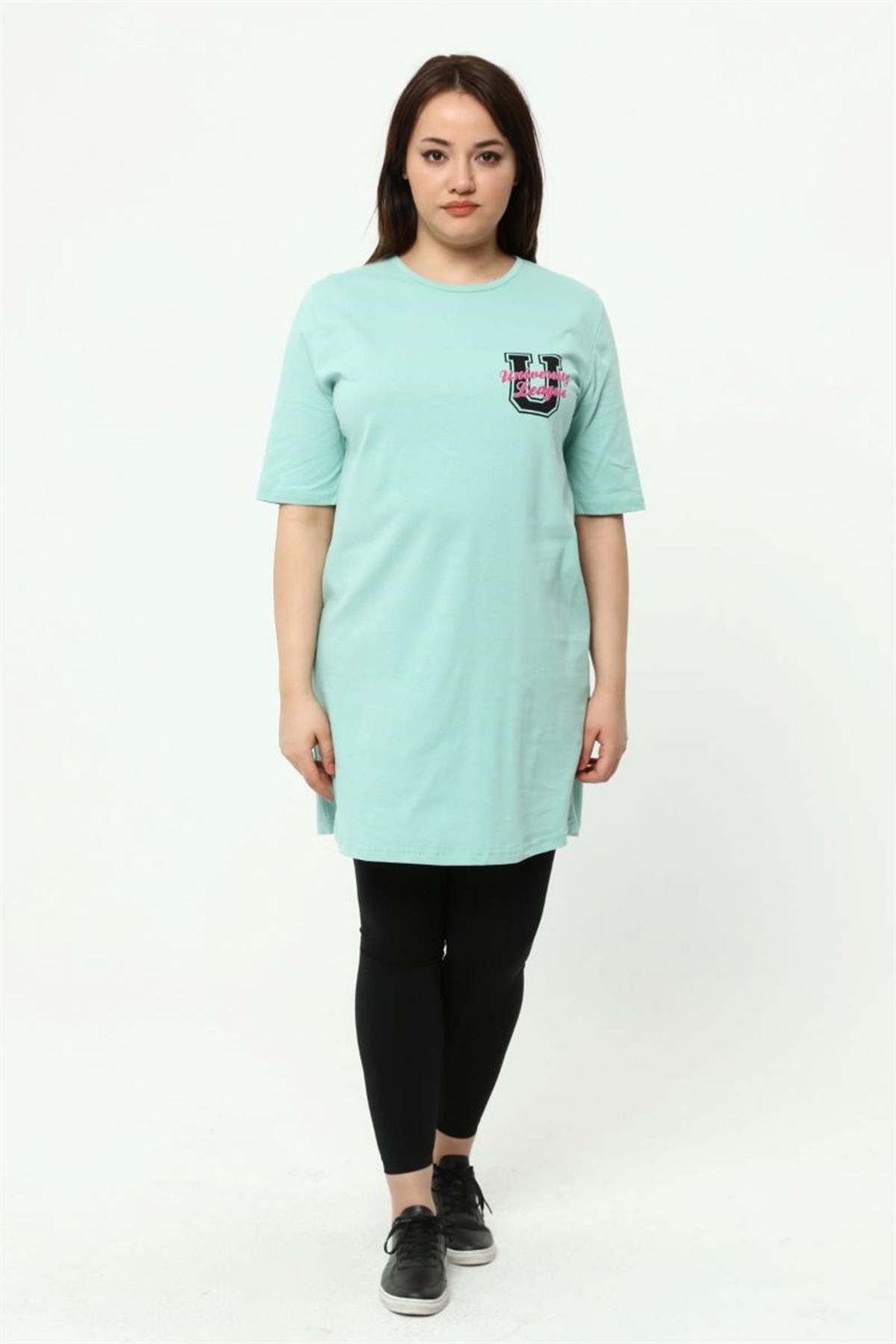 Tshirt Büyük Beden Baskılı Tunik T-Shirt Mint Yeşili