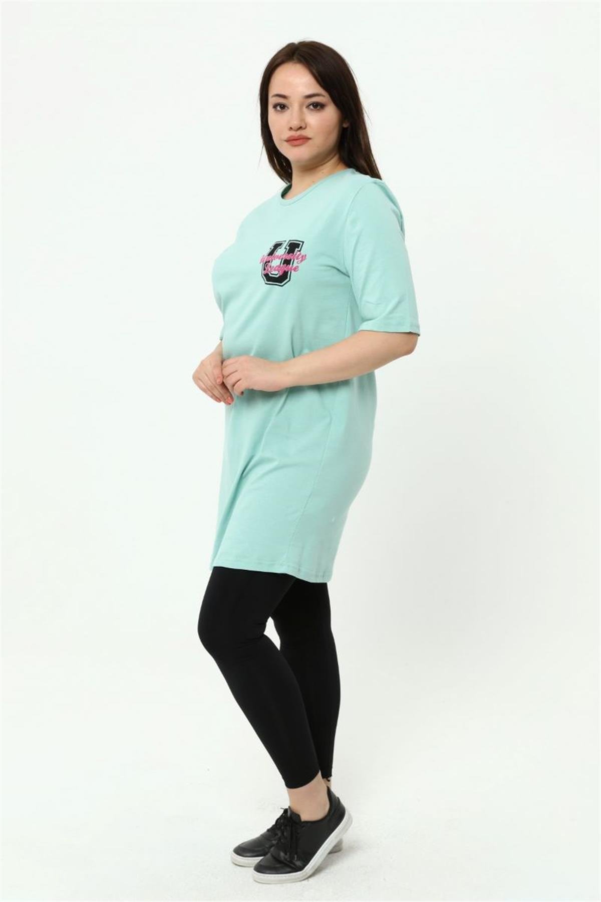 Tshirt Büyük Beden Baskılı Tunik T-Shirt Mint Yeşili