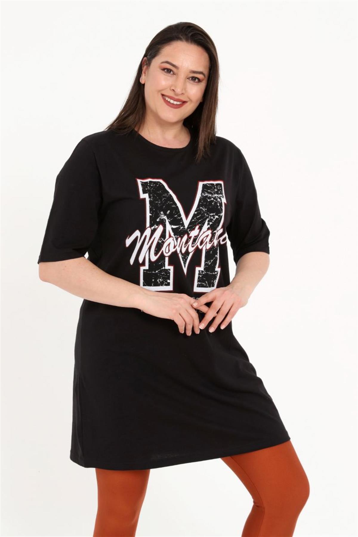 Tshirt Büyük Beden Baskılı Tunik T-Shirt Siyah