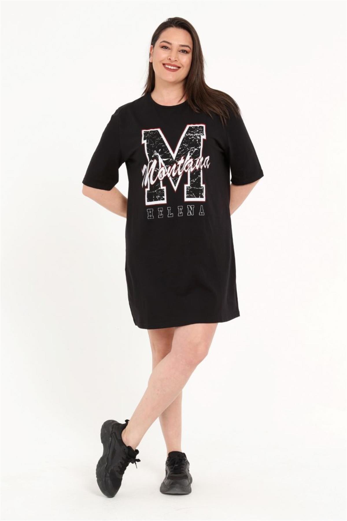 Tshirt Büyük Beden Baskılı Tunik T-Shirt Siyah