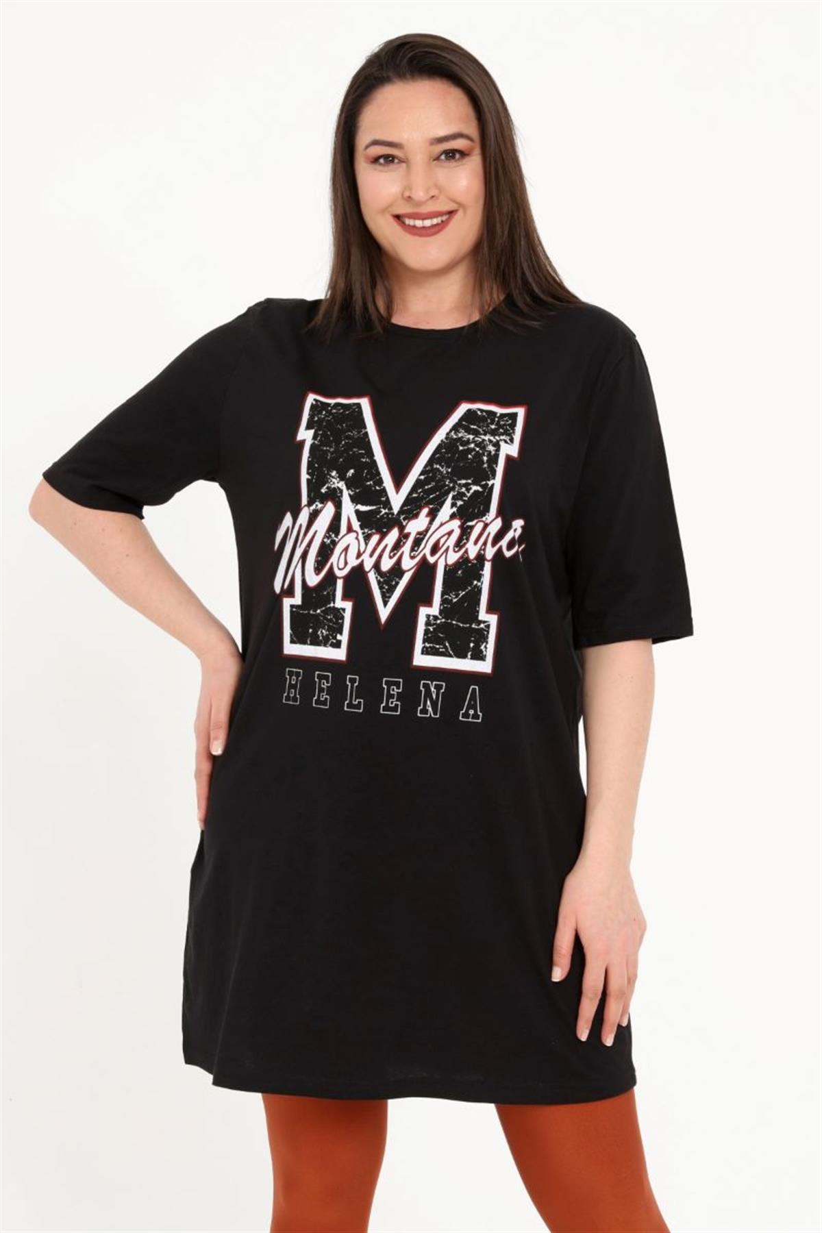 Tshirt Büyük Beden Baskılı Tunik T-Shirt Siyah