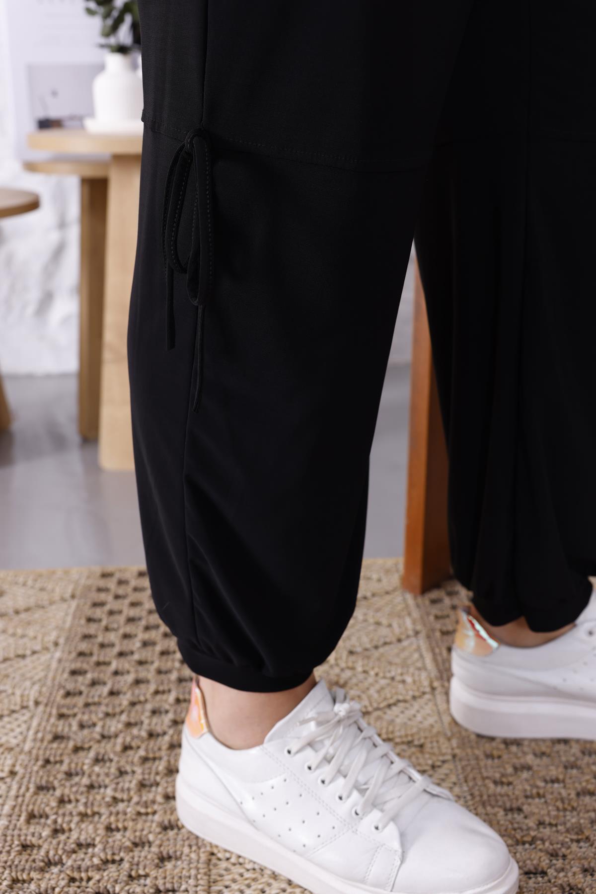 Pantolon Büyük Beden Beli Işıltılı Cepli Bağcıklı Salaş Pantolon