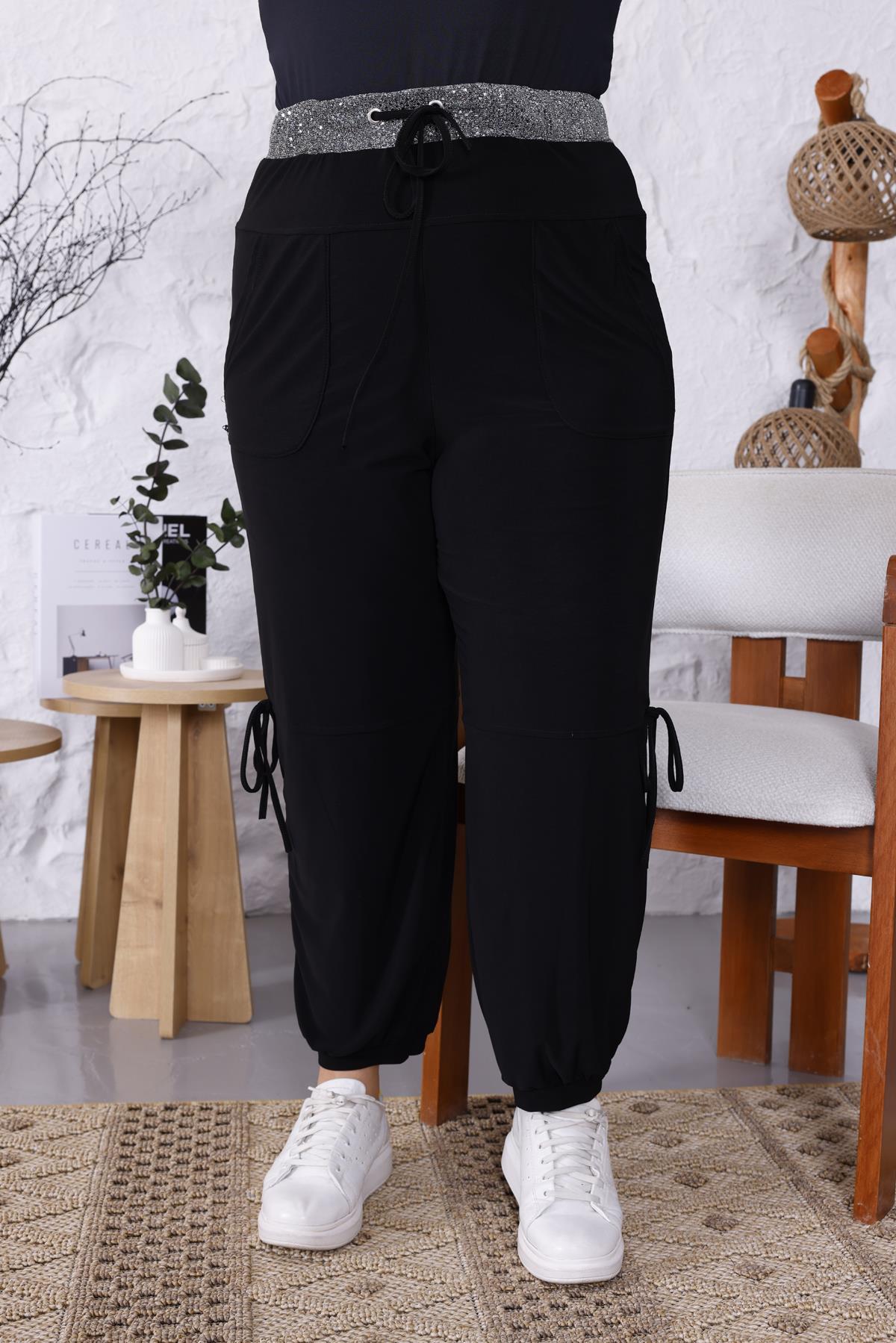 Pantolon Büyük Beden Beli Işıltılı Cepli Bağcıklı Salaş Pantolon