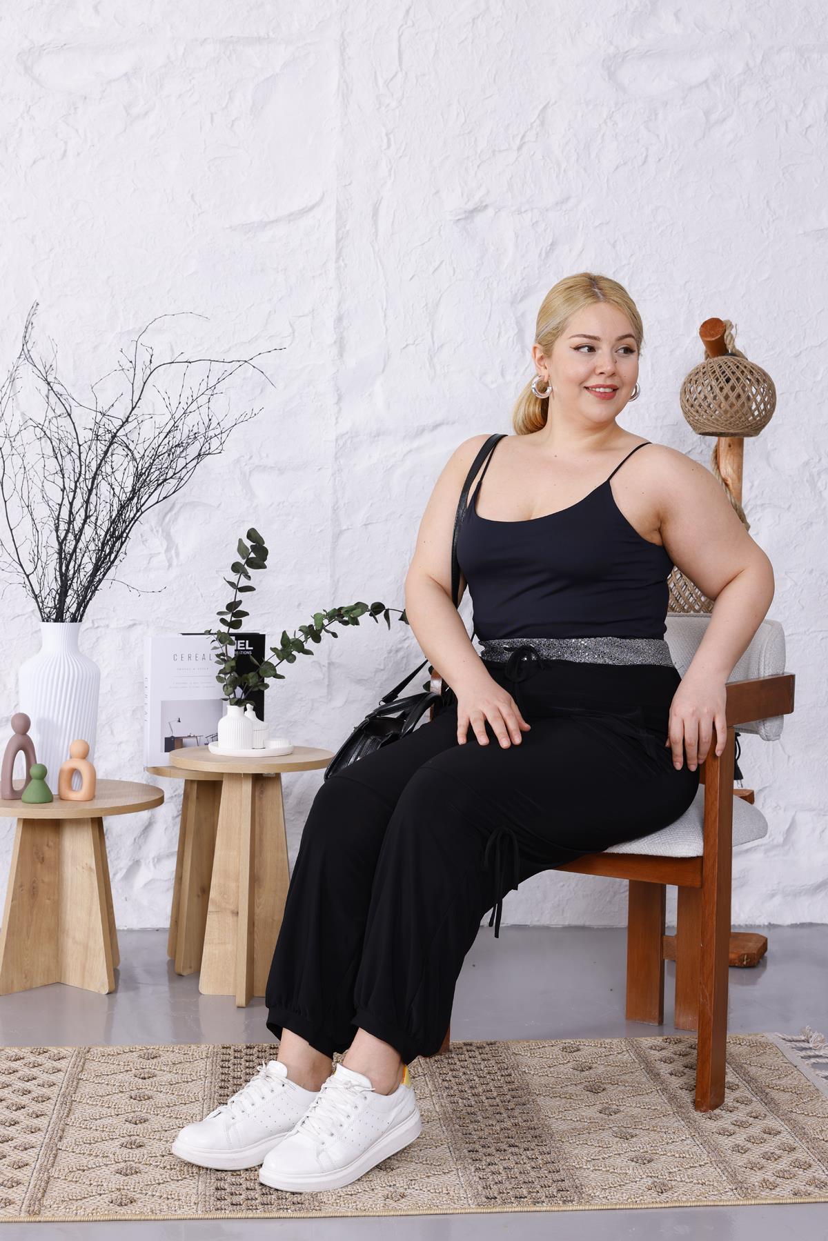 Pantolon Büyük Beden Beli Işıltılı Cepli Bağcıklı Salaş Pantolon