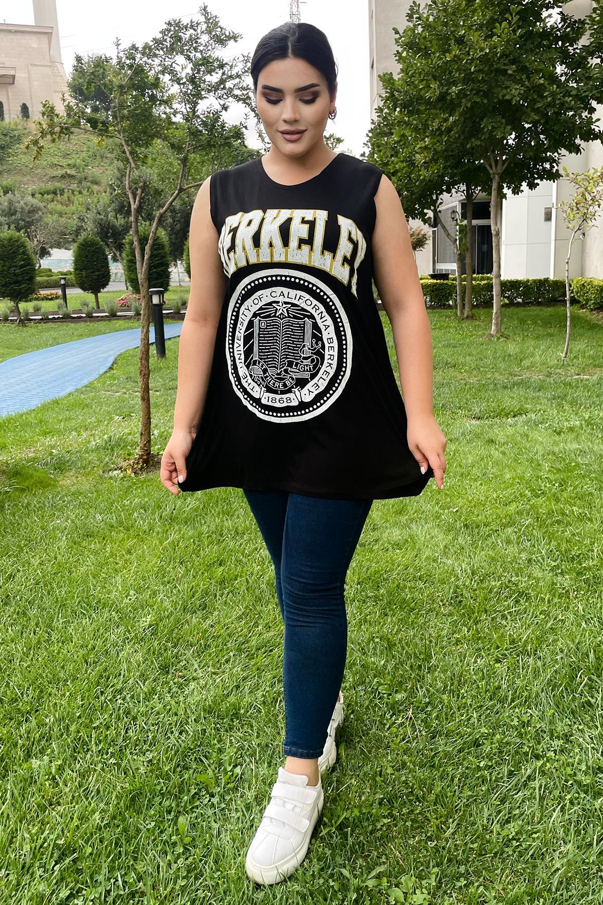 Tshirt Büyük Beden Berkeley Baskılı Genç Stil Kolsuz T-Shirt Siyah