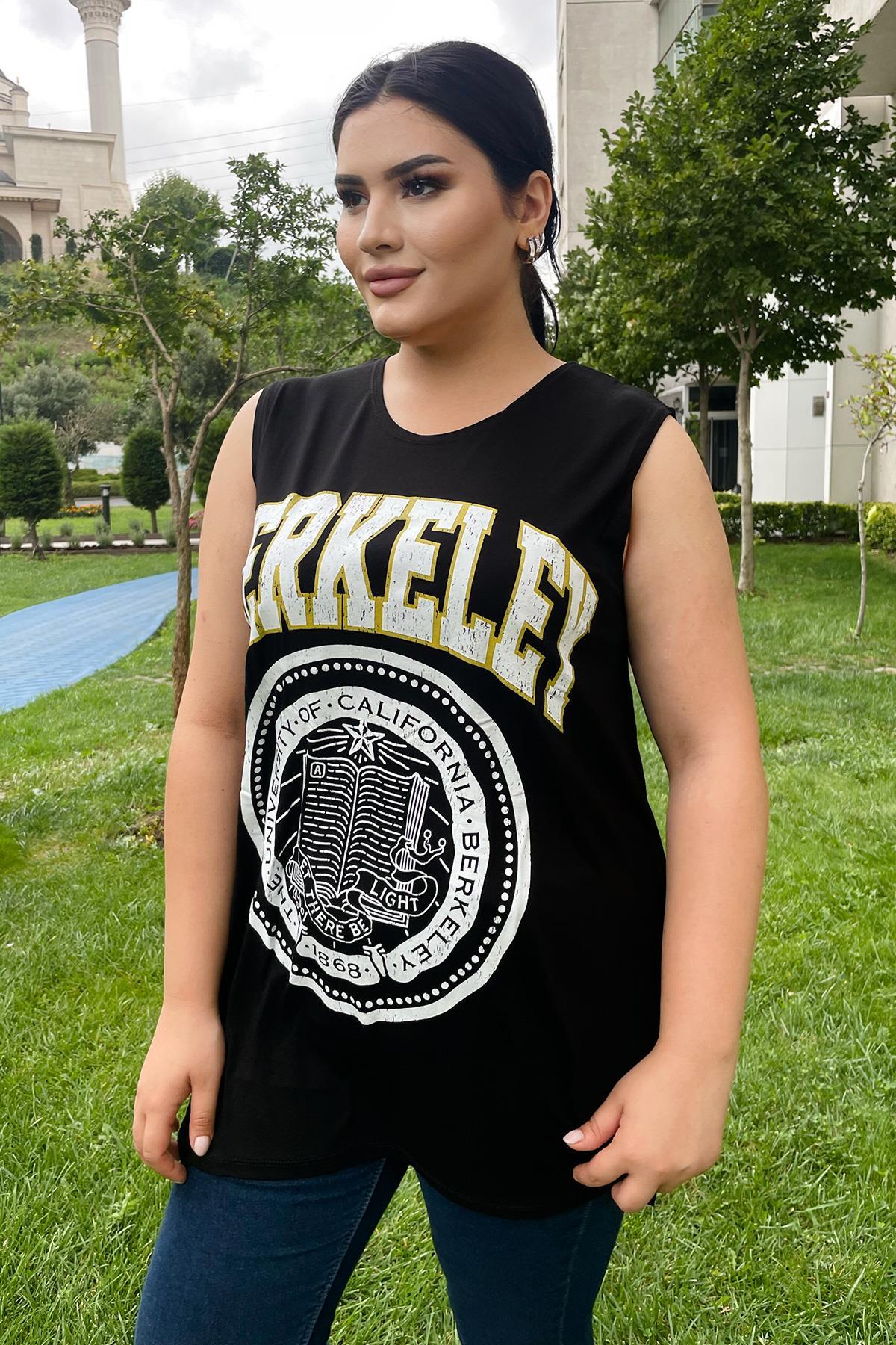 Tshirt Büyük Beden Berkeley Baskılı Genç Stil Kolsuz T-Shirt Siyah