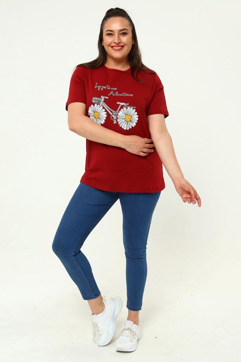 Tshirt Büyük Beden Bisiklet Baskılı T-Shirt Bordo