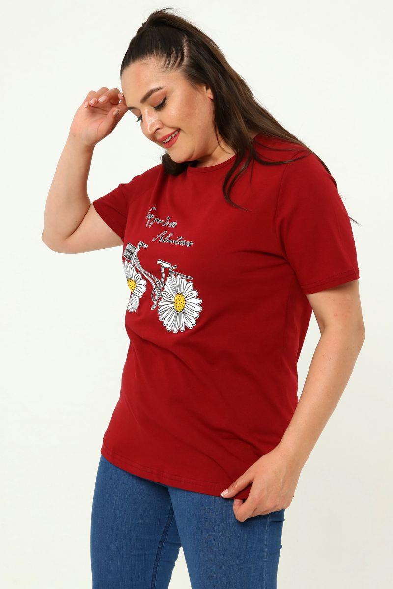 Tshirt Büyük Beden Bisiklet Baskılı T-Shirt Bordo