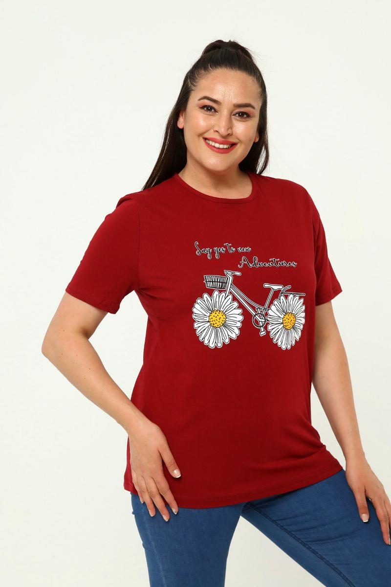 Tshirt Büyük Beden Bisiklet Baskılı T-Shirt Bordo