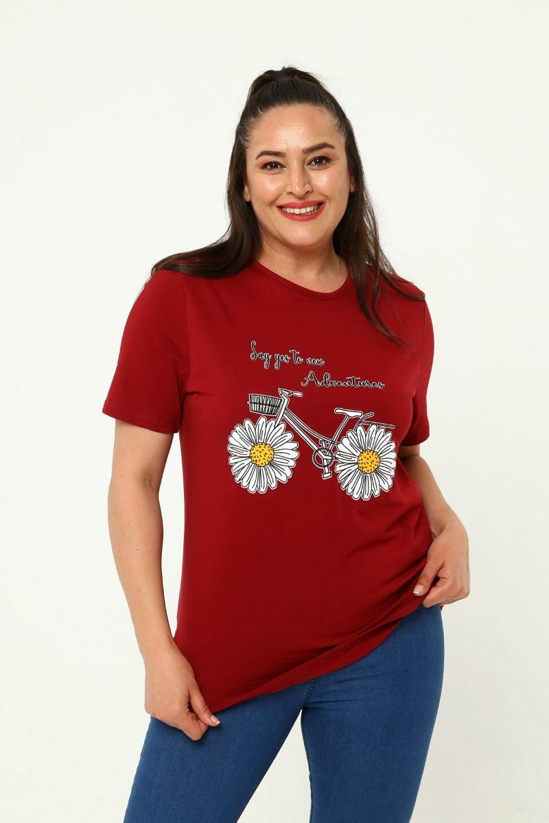 Tshirt Büyük Beden Bisiklet Baskılı T-Shirt Bordo