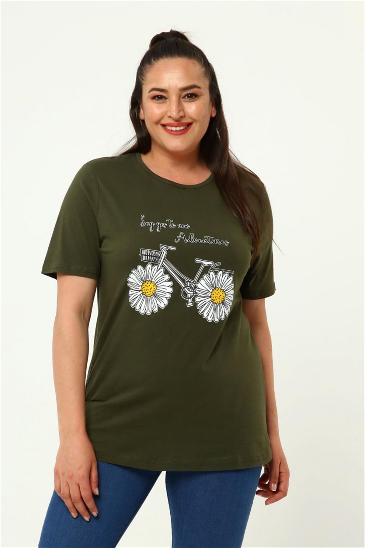 Tshirt Büyük Beden Bisiklet Baskılı T-Shirt Haki