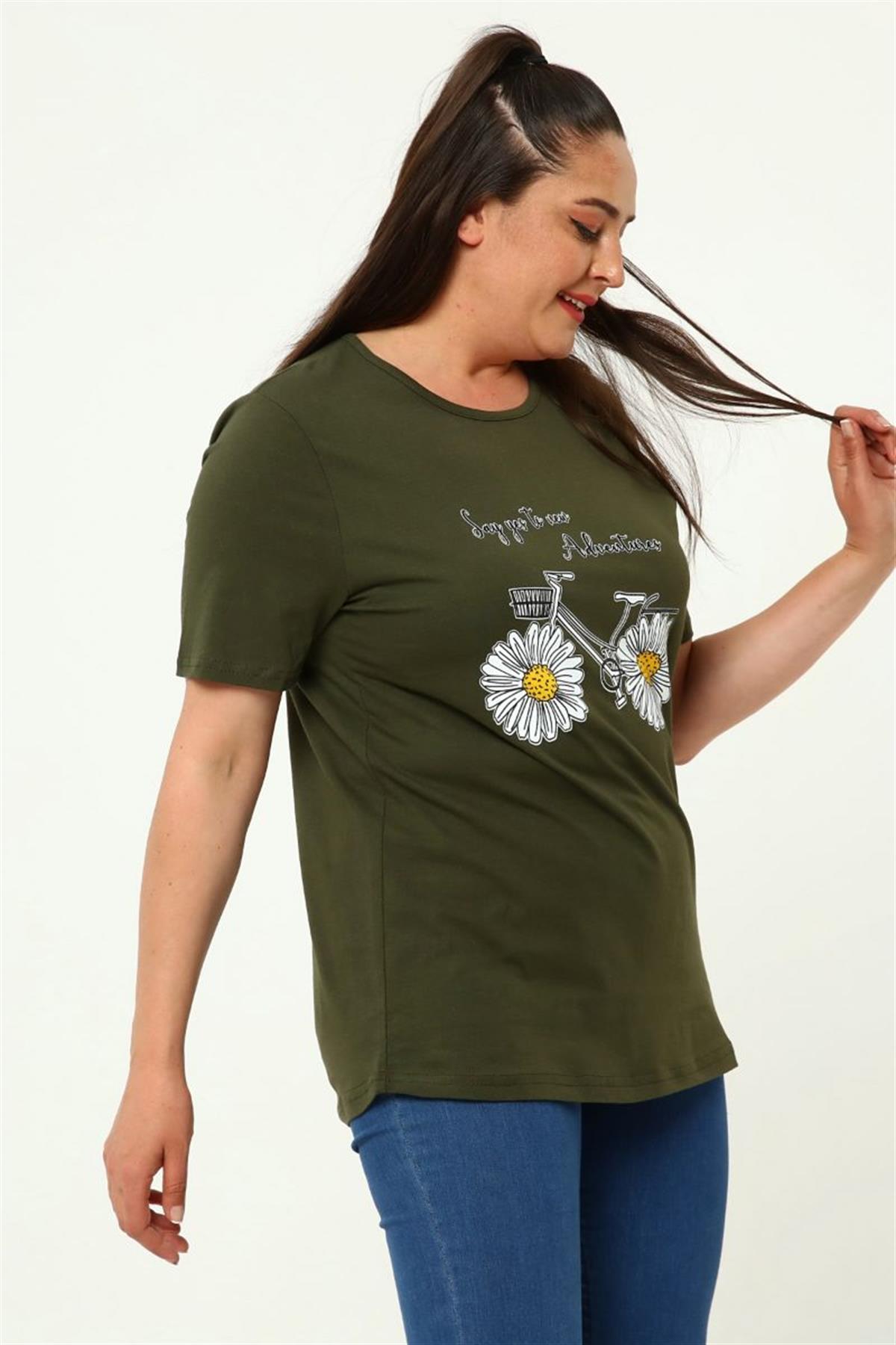 Tshirt Büyük Beden Bisiklet Baskılı T-Shirt Haki