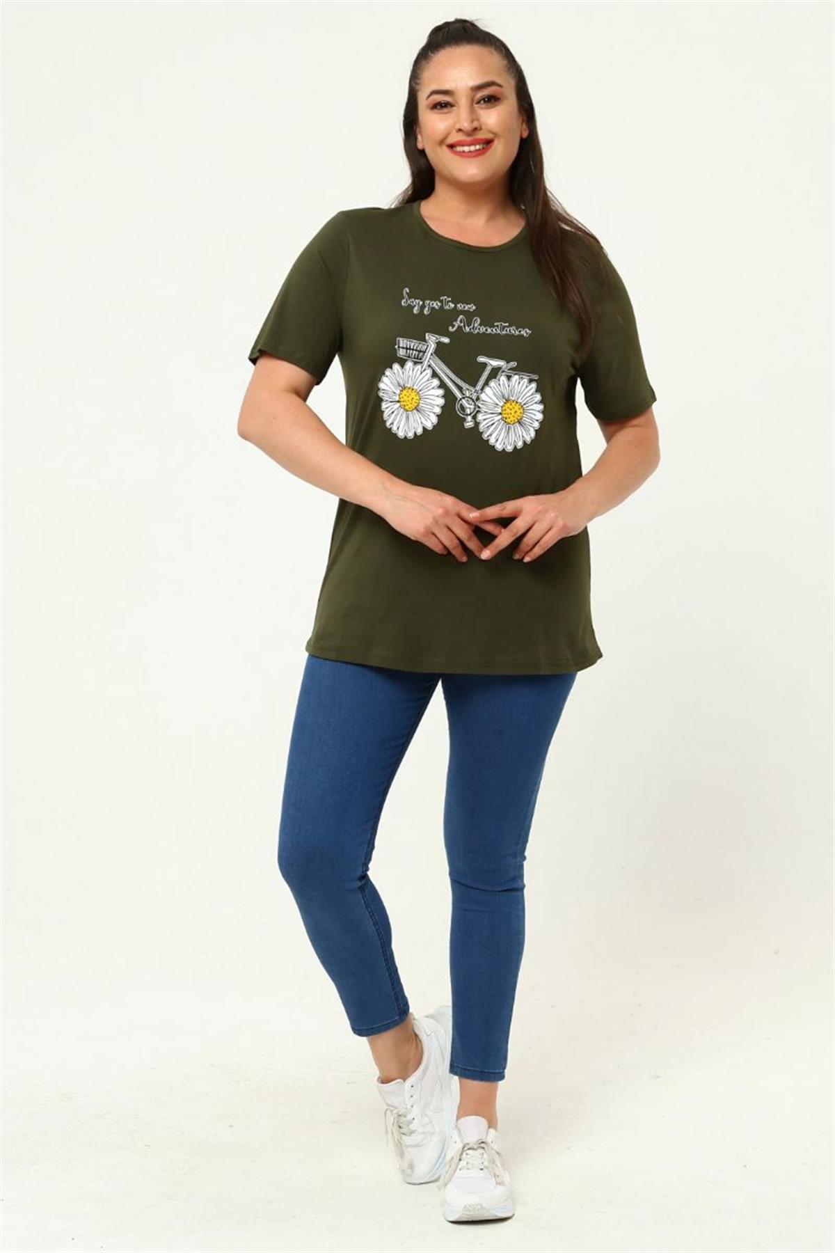 Tshirt Büyük Beden Bisiklet Baskılı T-Shirt Haki