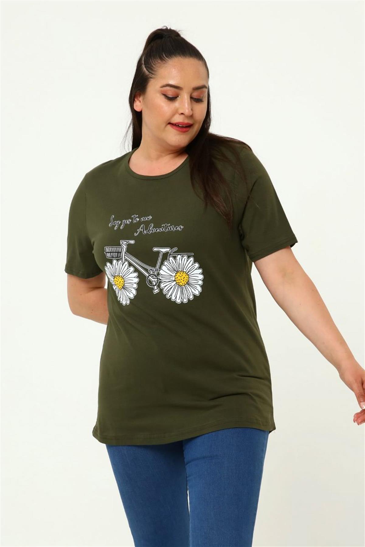 Tshirt Büyük Beden Bisiklet Baskılı T-Shirt Haki