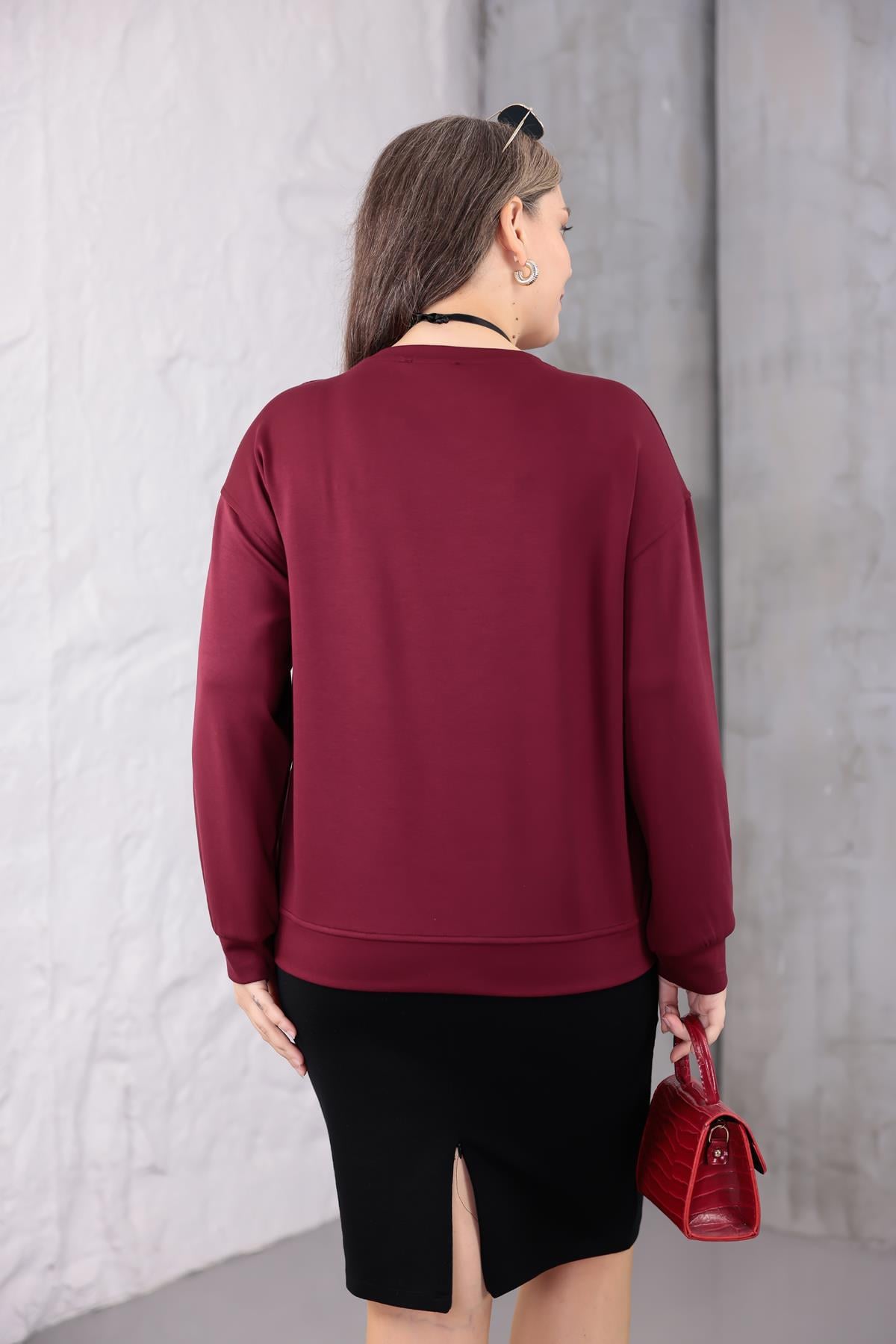 Sweatshirt Büyük Beden Bisiklet Yaka Basıc Sweatshirt