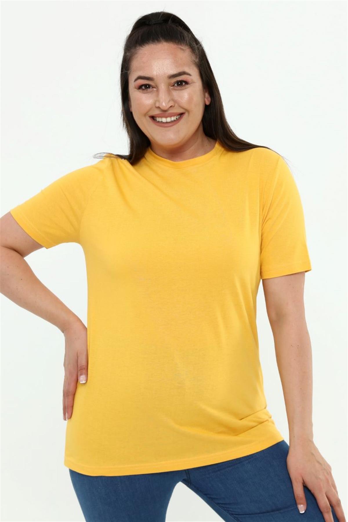 Tshirt Büyük Beden Bisiklet Yaka Basic T-Shirt Hardal