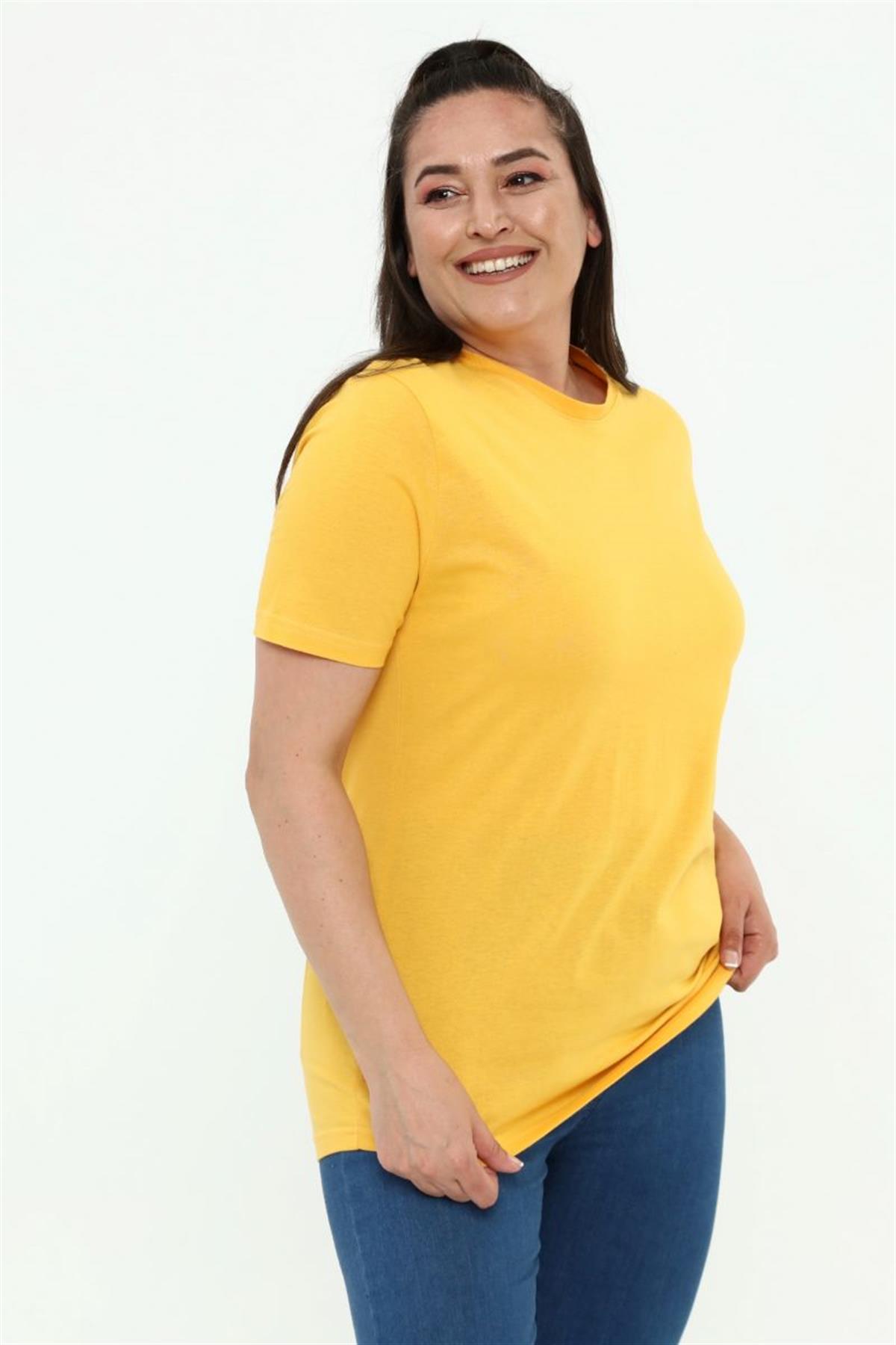 Tshirt Büyük Beden Bisiklet Yaka Basic T-Shirt Hardal