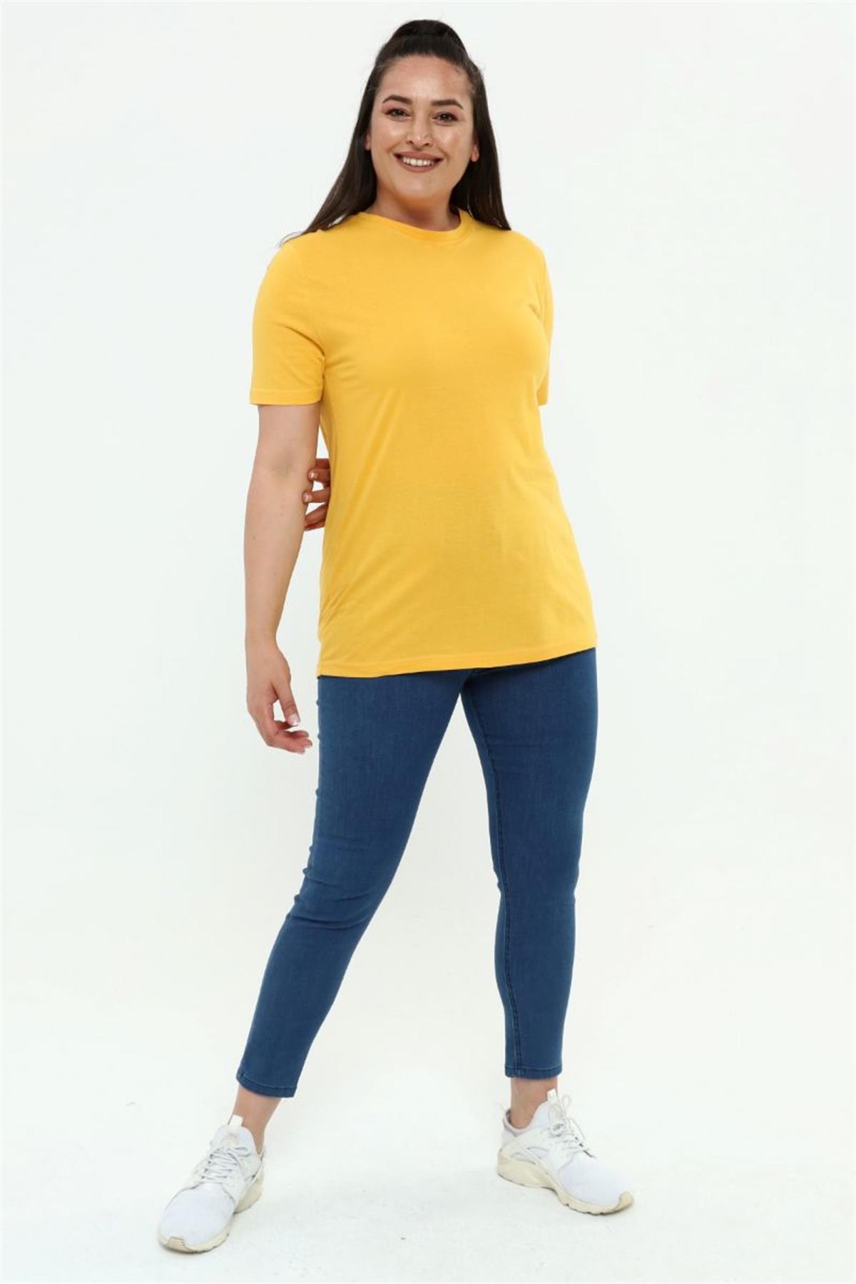 Tshirt Büyük Beden Bisiklet Yaka Basic T-Shirt Hardal