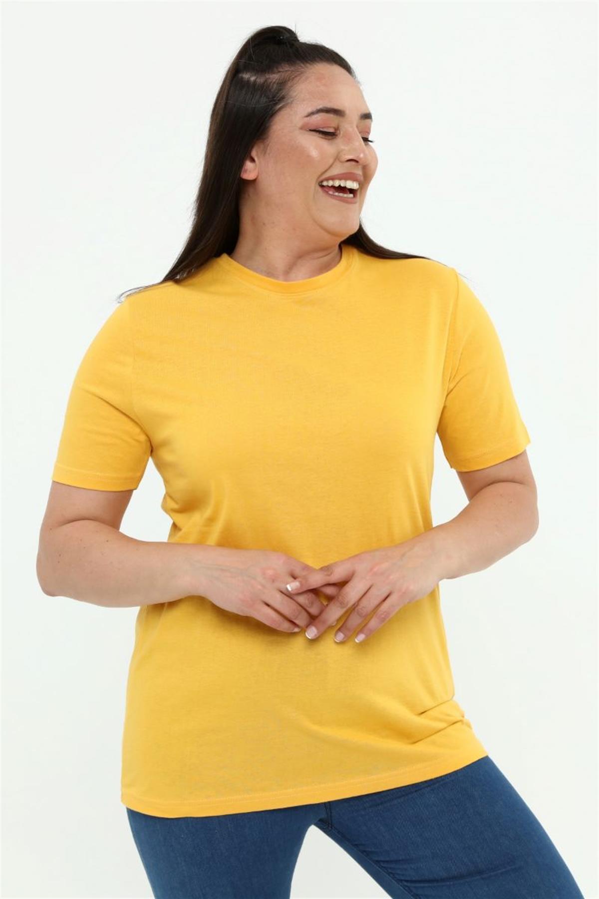 Tshirt Büyük Beden Bisiklet Yaka Basic T-Shirt Hardal