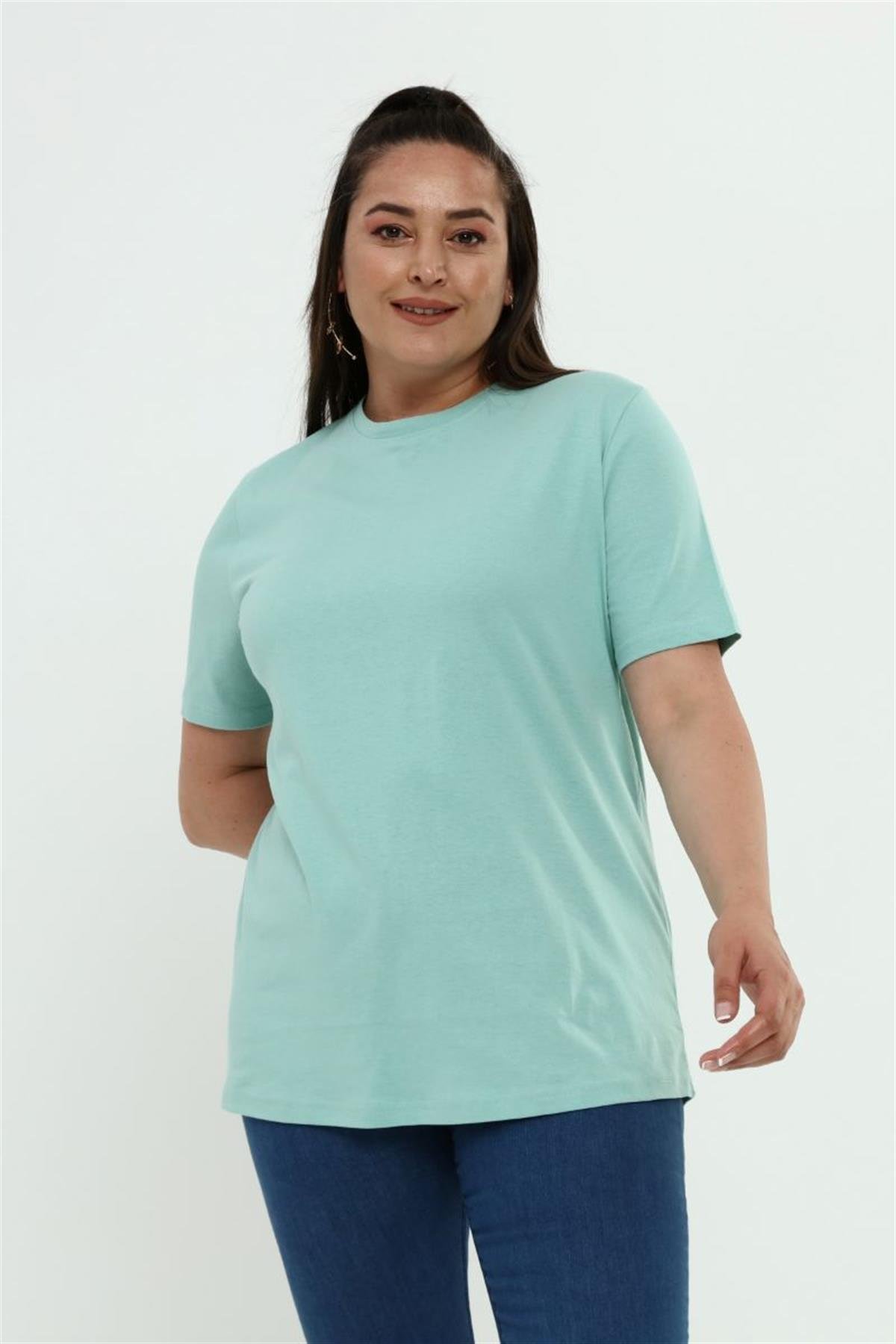 Tshirt Büyük Beden Bisiklet Yaka Basic T-Shirt Mint Yeşili